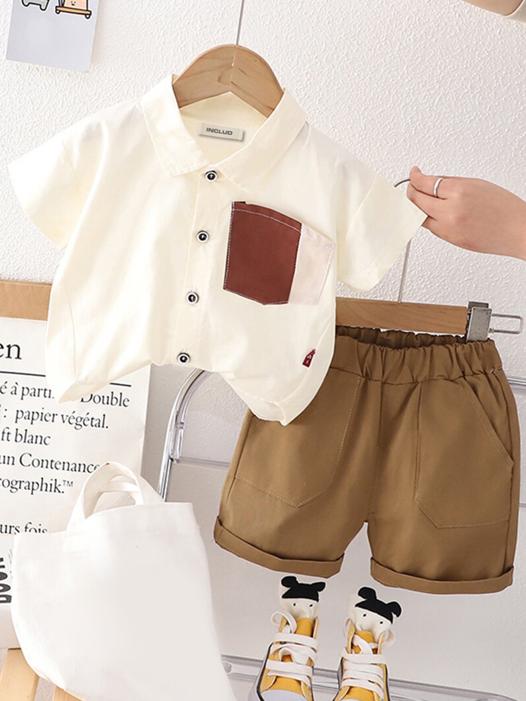 

INCLUD Boys Pure Cotton Shirt With Shorts, Off white