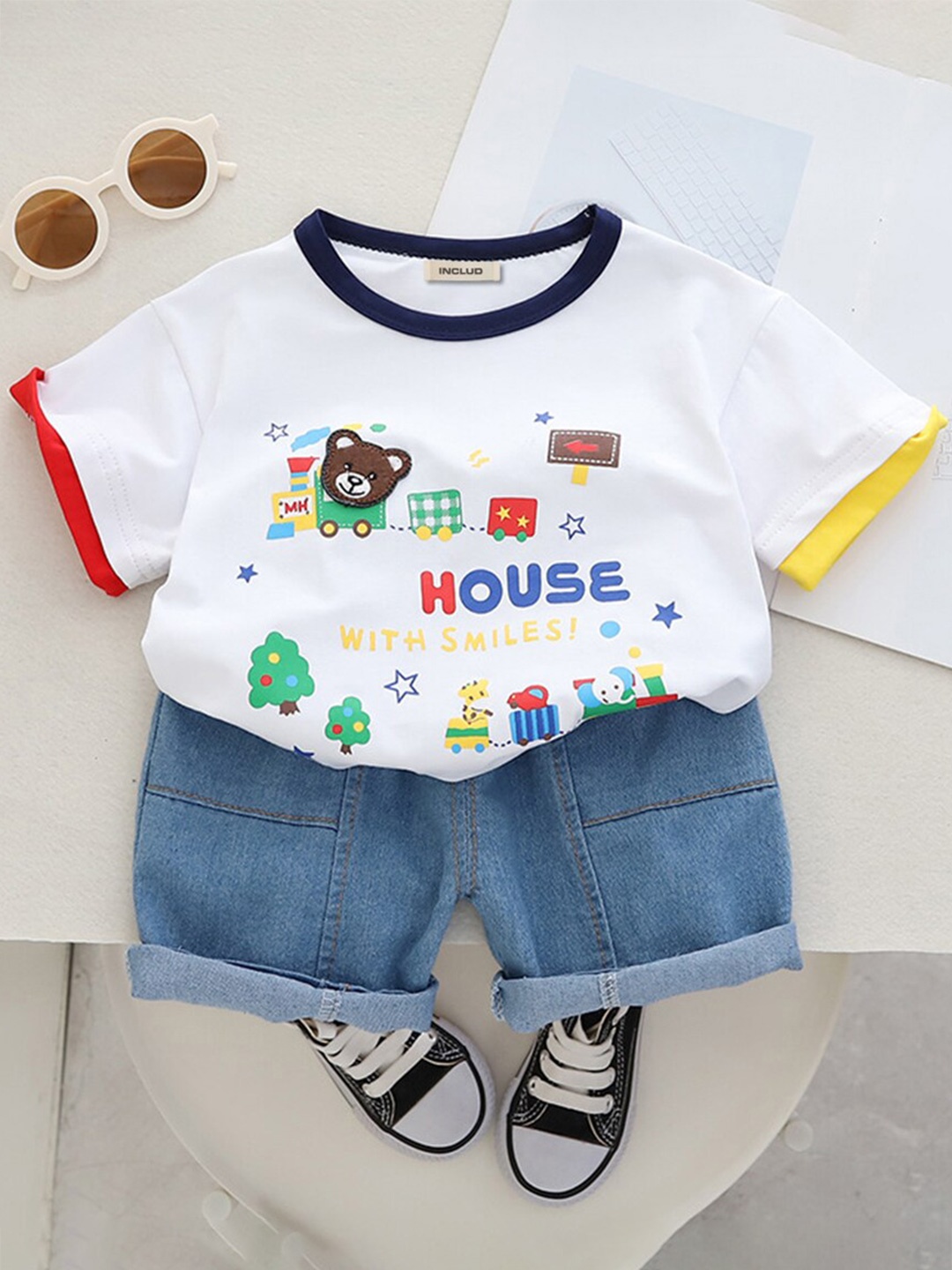 

INCLUD Boys Printed T-shirt with Denim Shorts, White