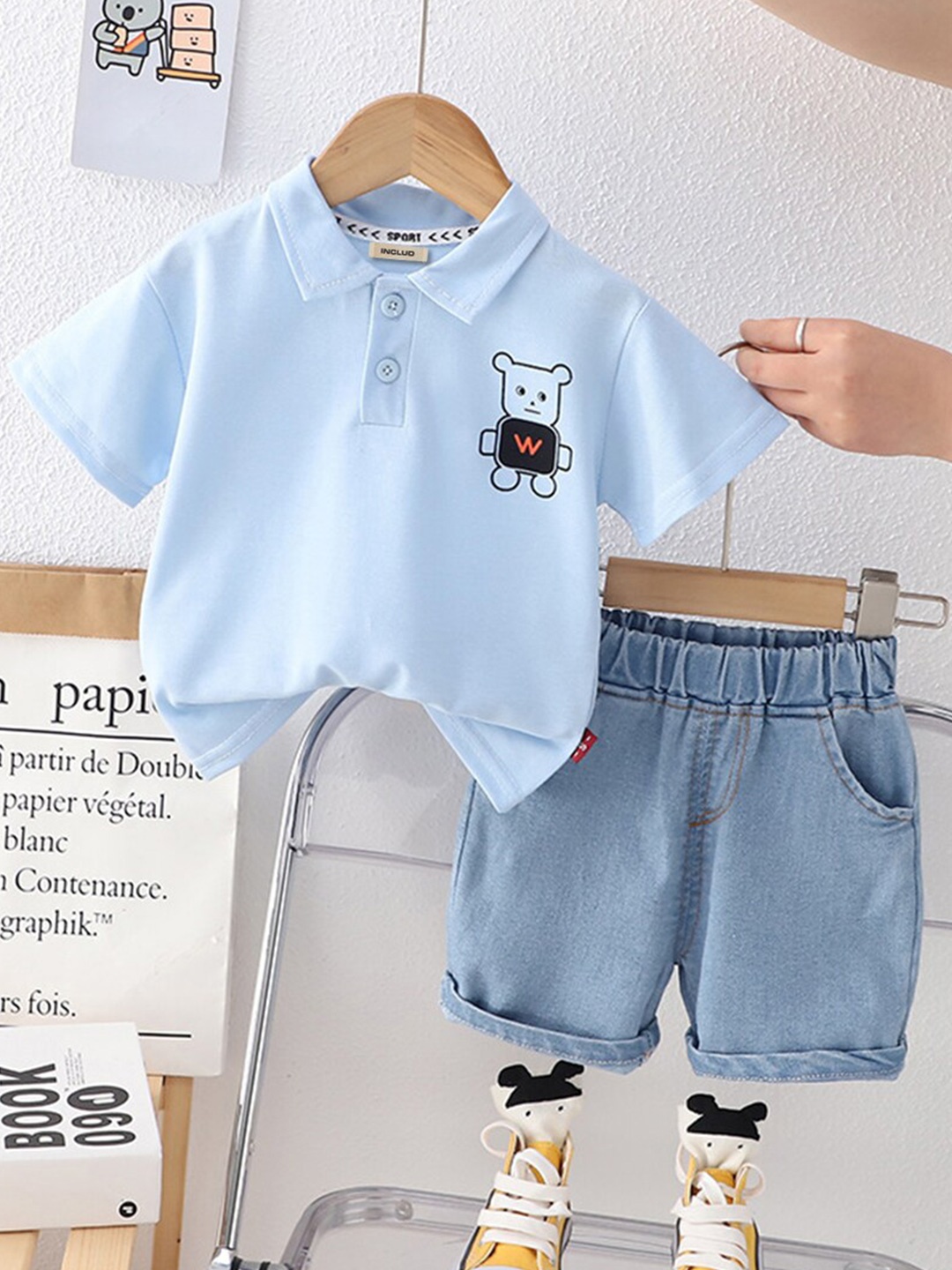 

INCLUD Boys Printed Polo Collar T-shirt with Denim Shorts, Blue