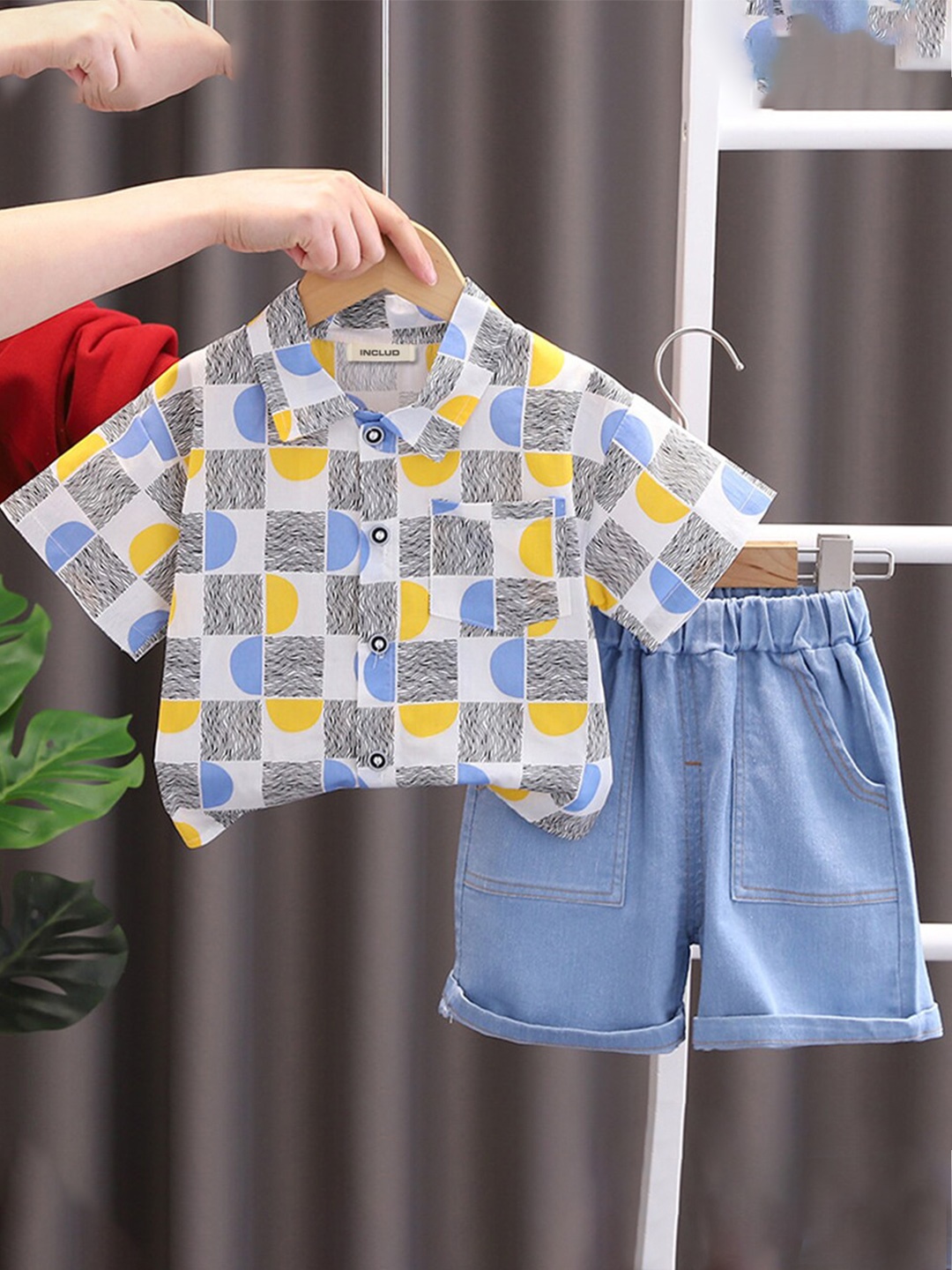 

INCLUD Boys Printed Shirt with Denim Shorts, Blue