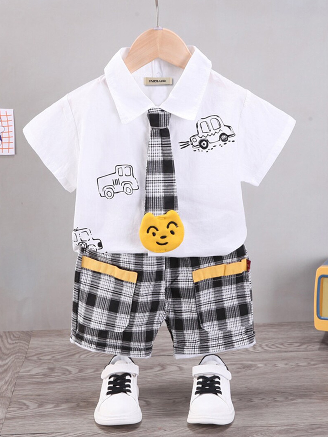 

INCLUD Boys Printed Shirt with Checked Shorts, White