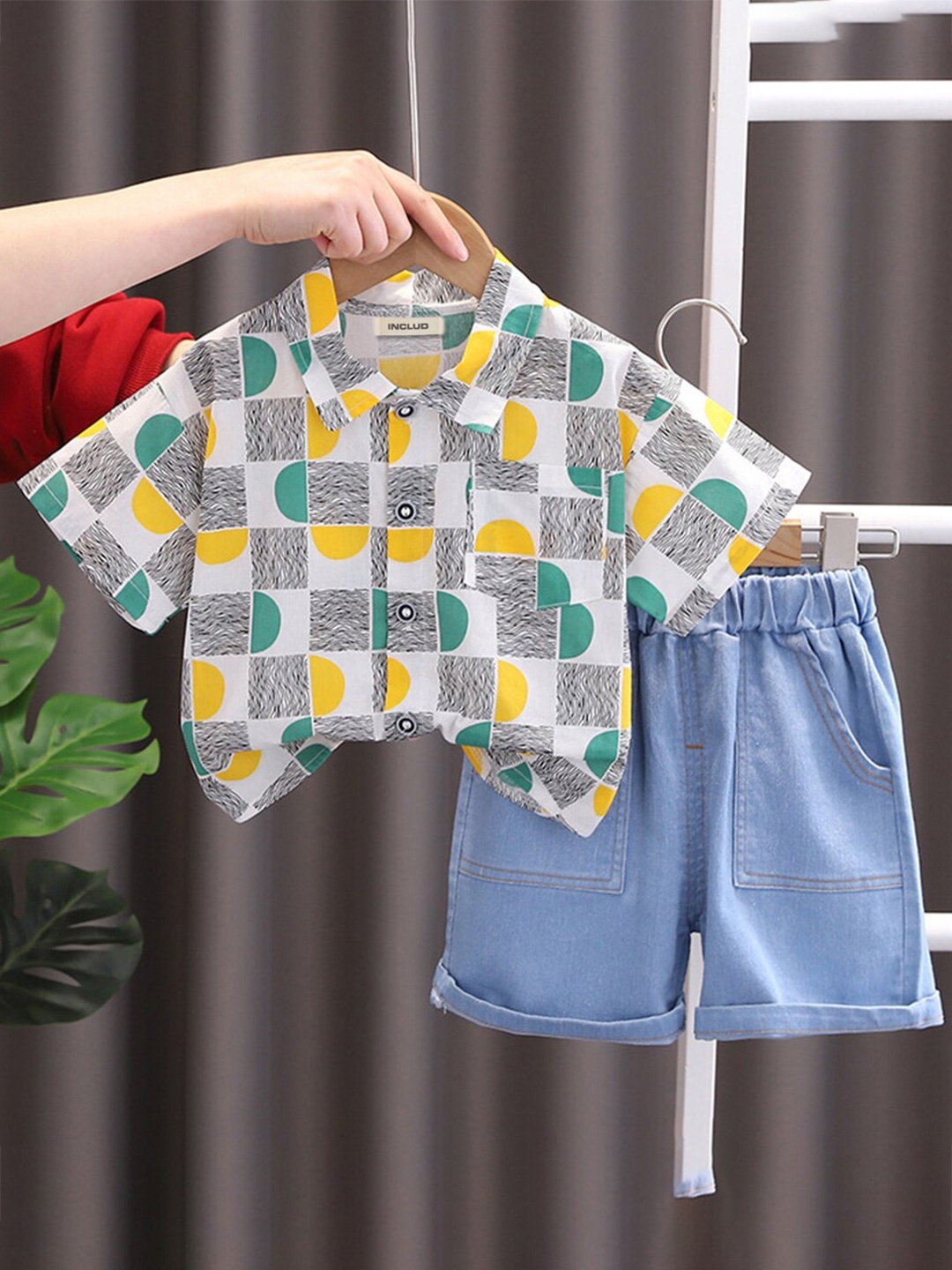 

INCLUD Boys Printed Shirt with Denim Shorts, Green