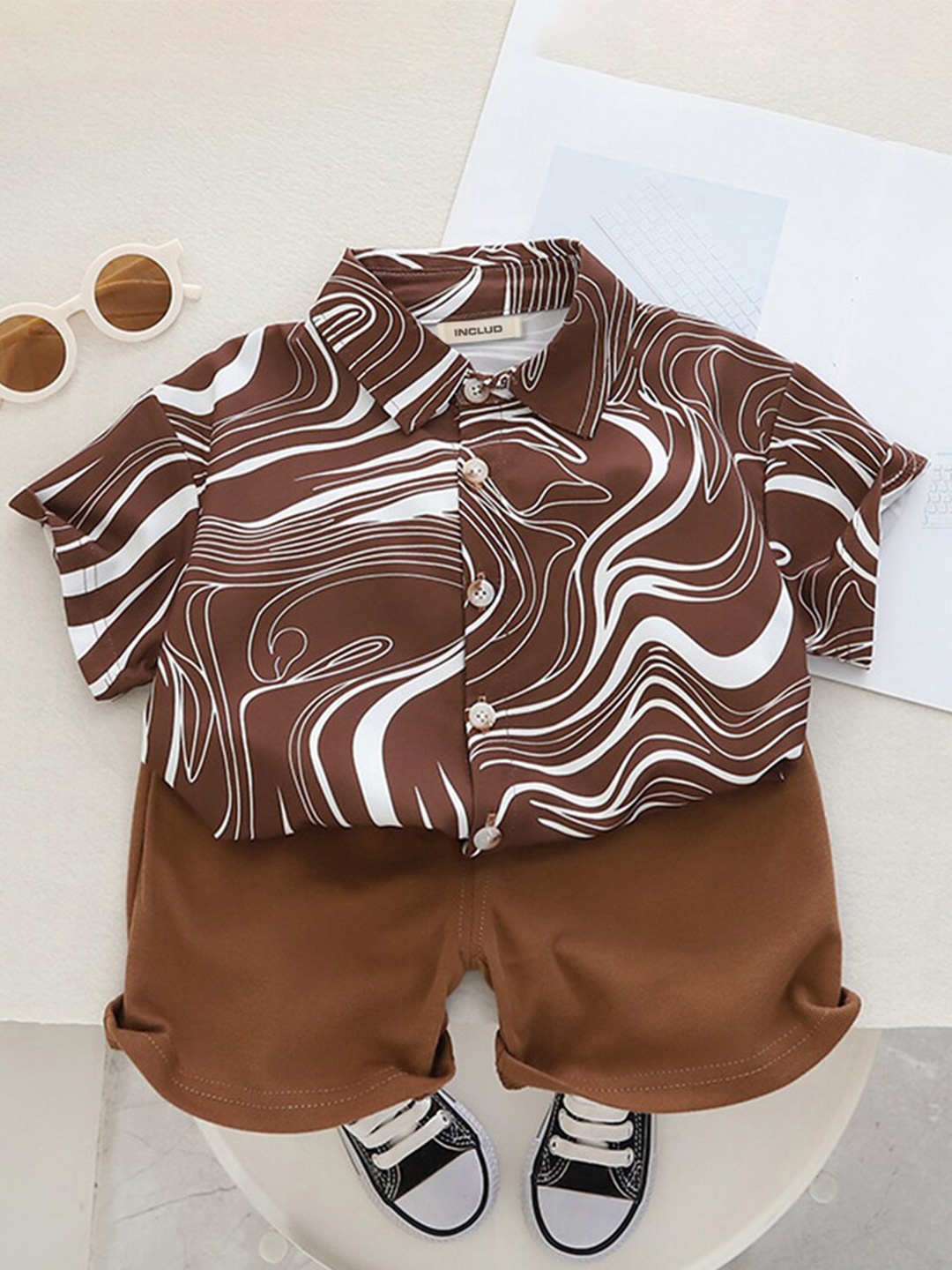 

INCLUD Boys Printed Shirt with Shorts, Brown