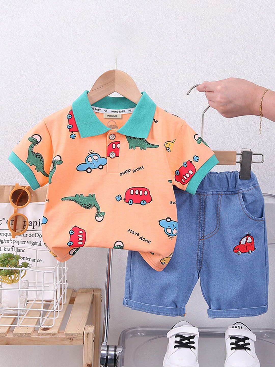 

INCLUD Boys Conversational Printed Shirt Collar T-shirt With Shorts, Orange