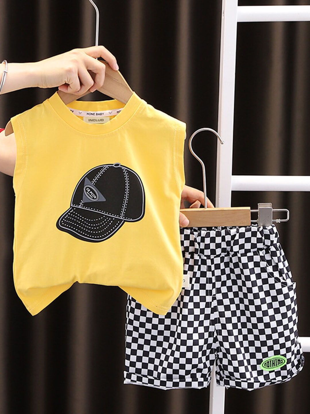 

INCLUD Boys Graphic Printed Sleeveless T-shirt With Shorts, Yellow