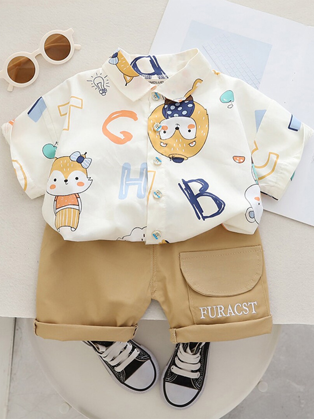 

INCLUD Boys Typography Printed Shirt Collar Shirt with Shorts, White