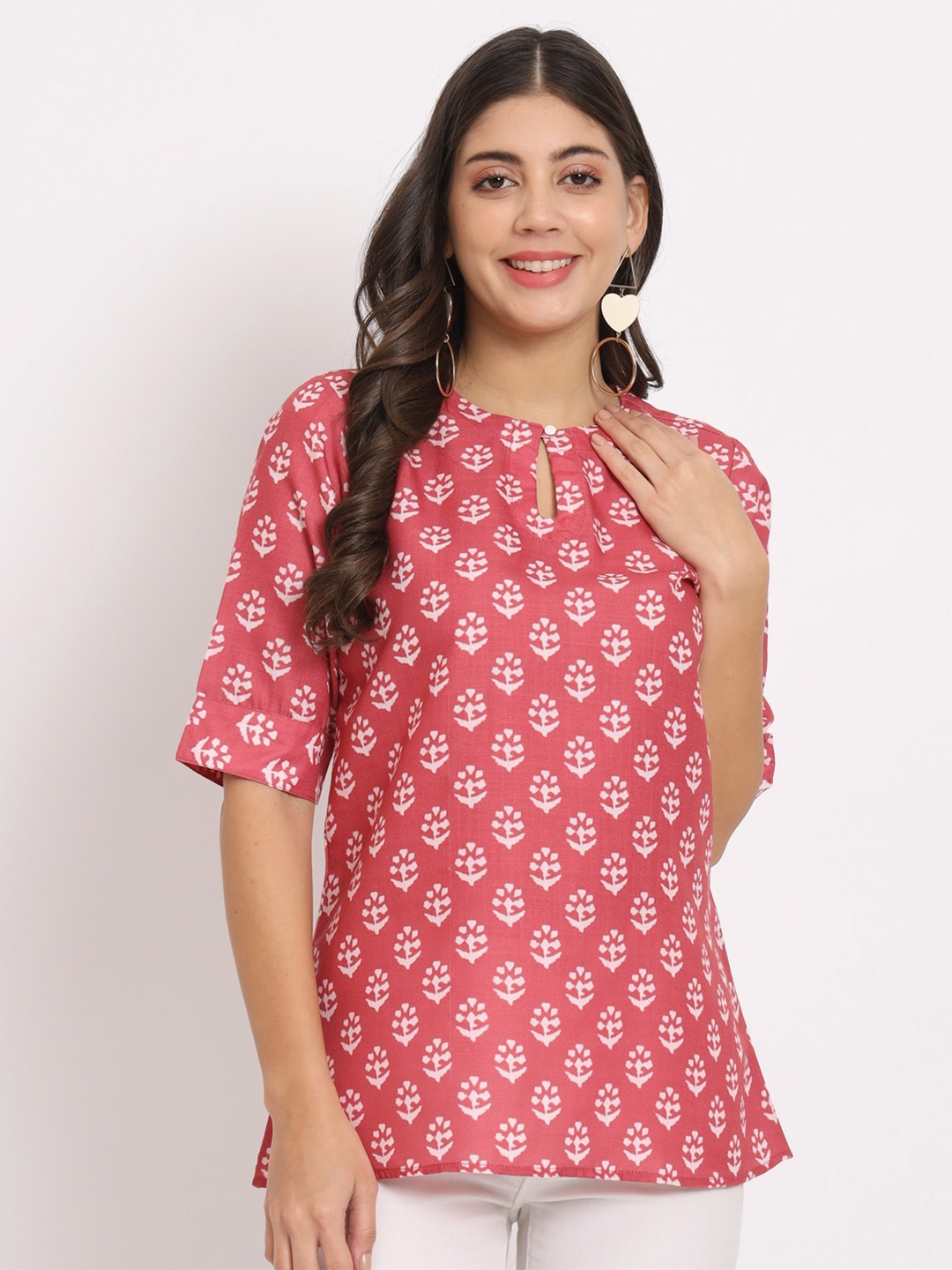 

CHARMGAL Ethnic Motifs Printed Pure Cotton Kurti, Coral