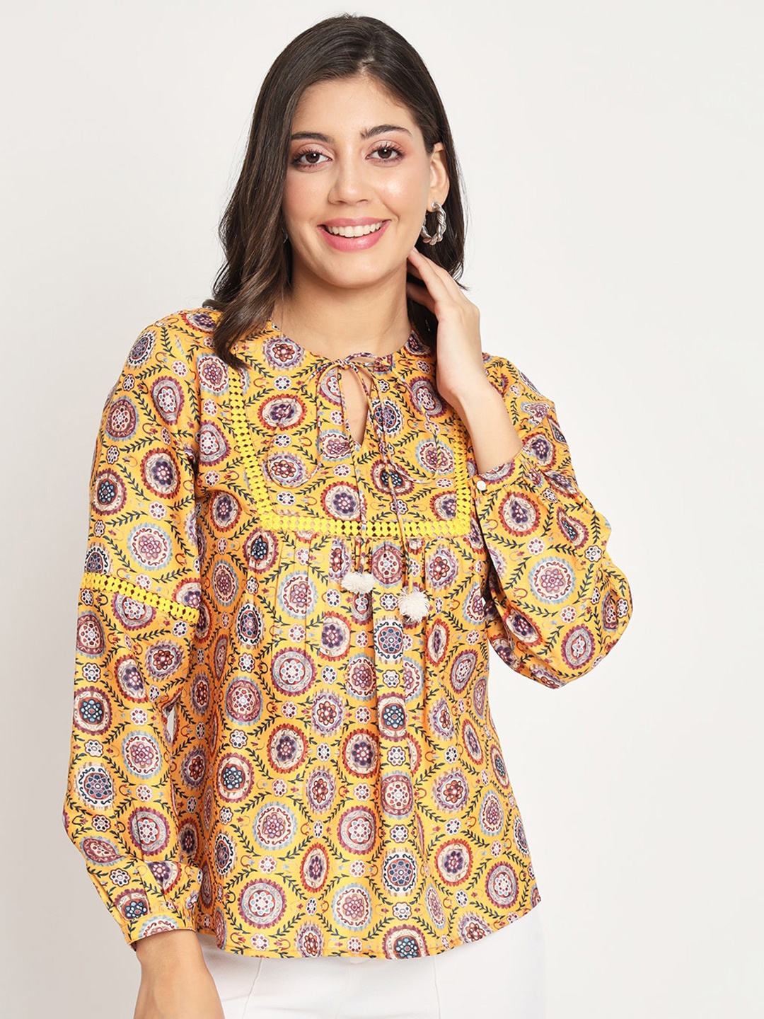 

CHARMGAL Print Tie-Up Neck Long Cuffed Sleeves Top, Yellow