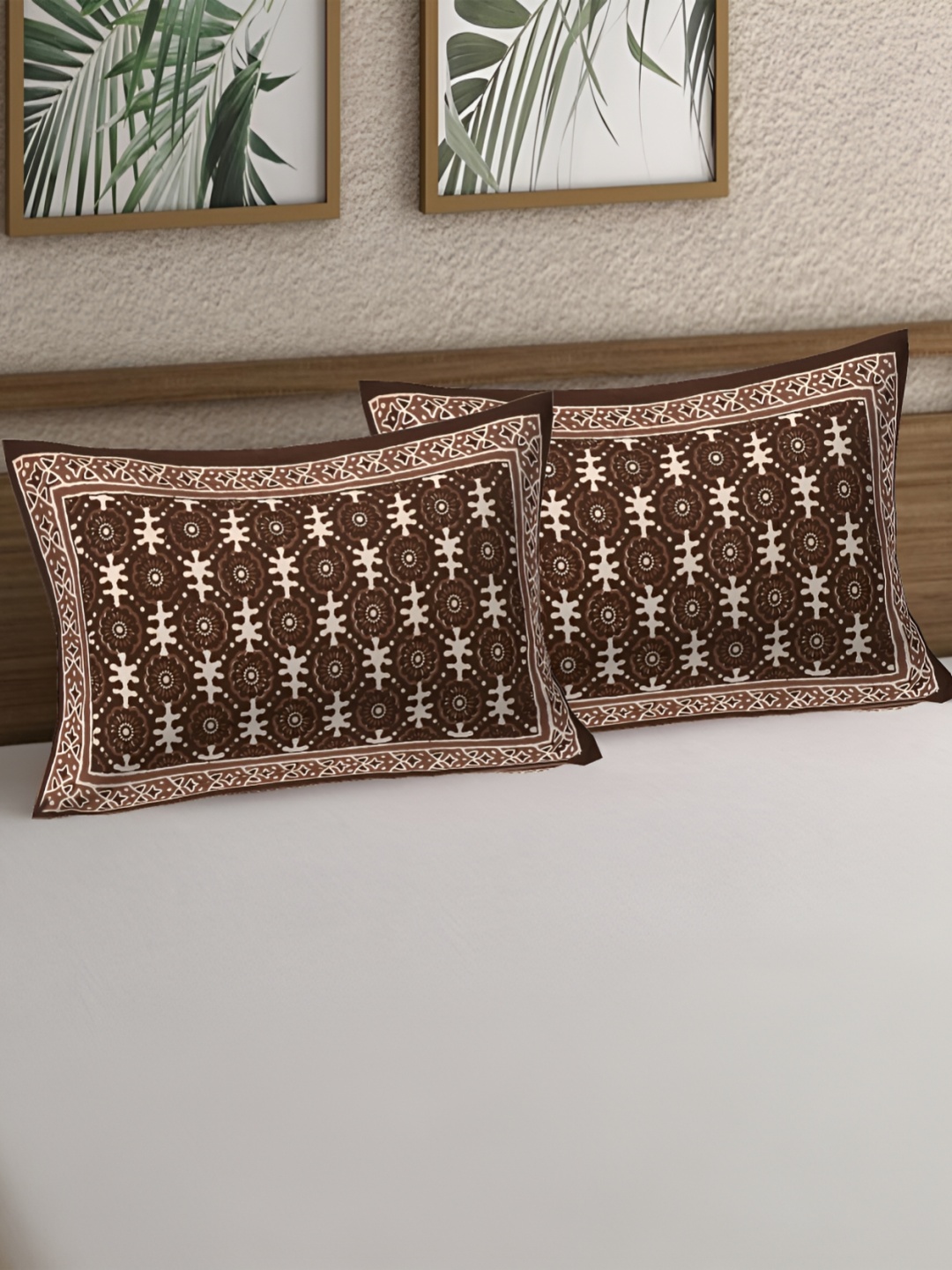 

VANI E Brown & White 2 Pieces Self Design Pure Cotton Rectangle Pillow Covers