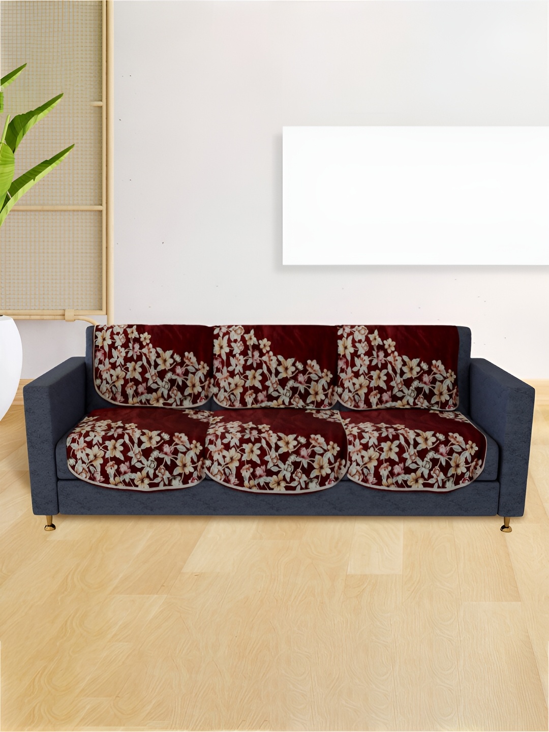 

Kuber Industries Maroon & White Embroidered Velvet Sofa Cover