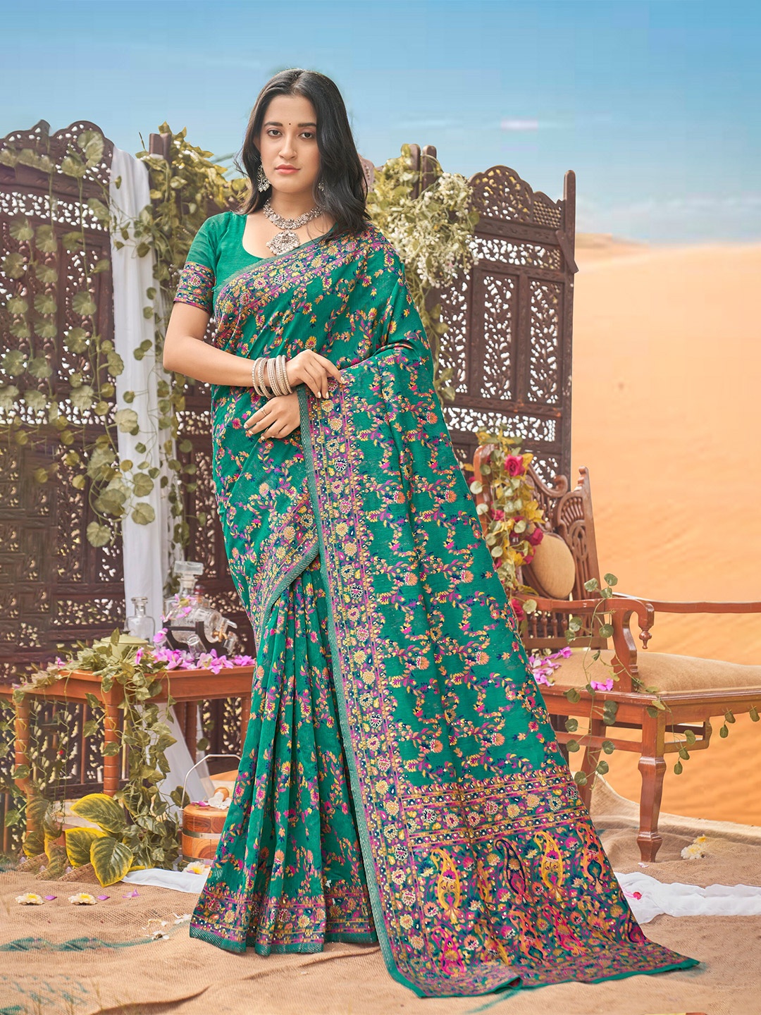 

SARIYA Woven Design Pashmina Banarasi Saree, Sea green