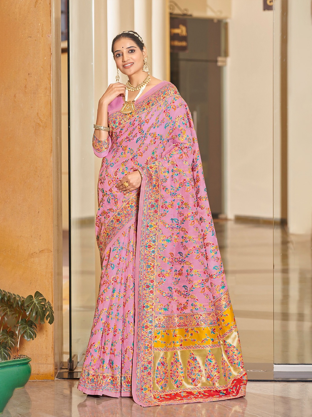 

SARIYA Woven Design Zari Pashmina Banarasi Saree, Pink