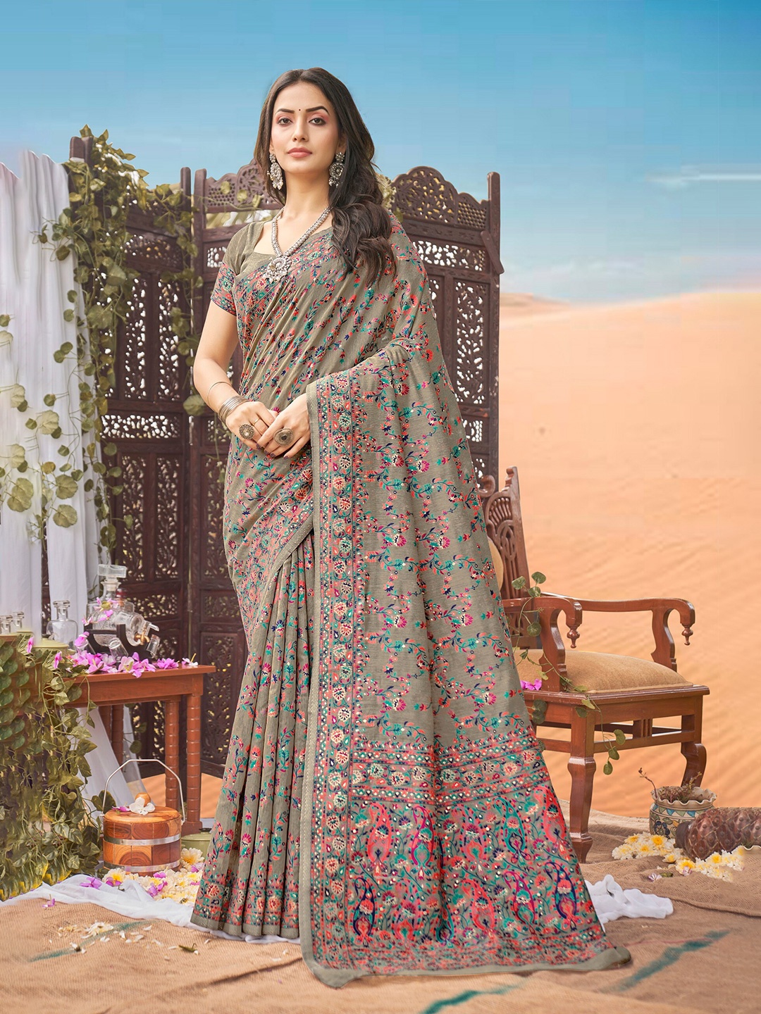 

SARIYA Woven Design Zari Pashmina Banarasi Saree, Grey