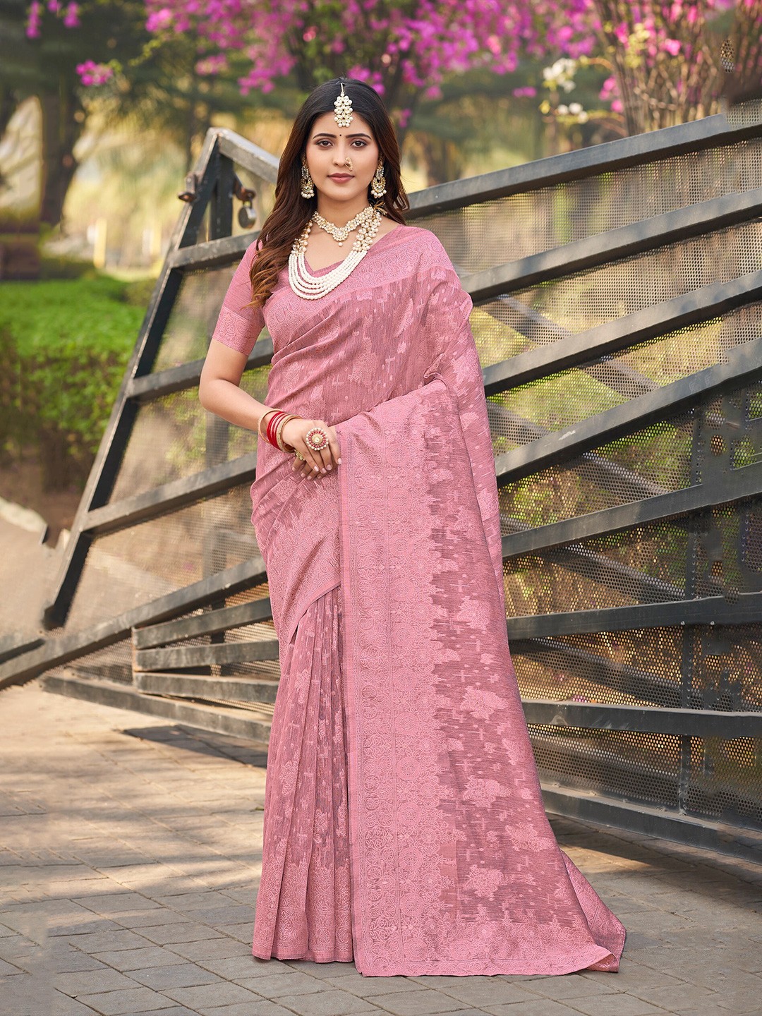 

SARIYA Woven Design Zari Pashmina Banarasi Saree, Pink
