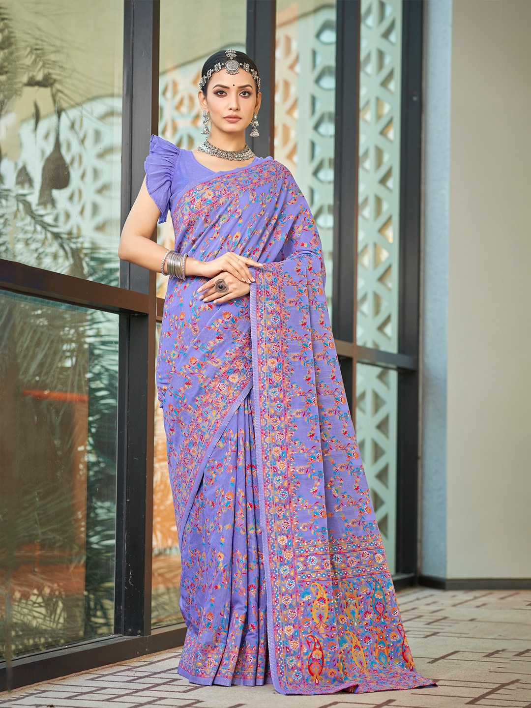 

SARIYA Floral Woven Design Zari Pashmina Banarasi Saree, Purple