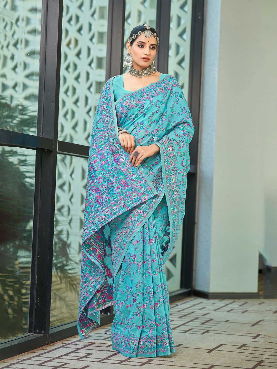

SARIYA Woven Design Zari Pashmina Banarasi Saree, Turquoise blue