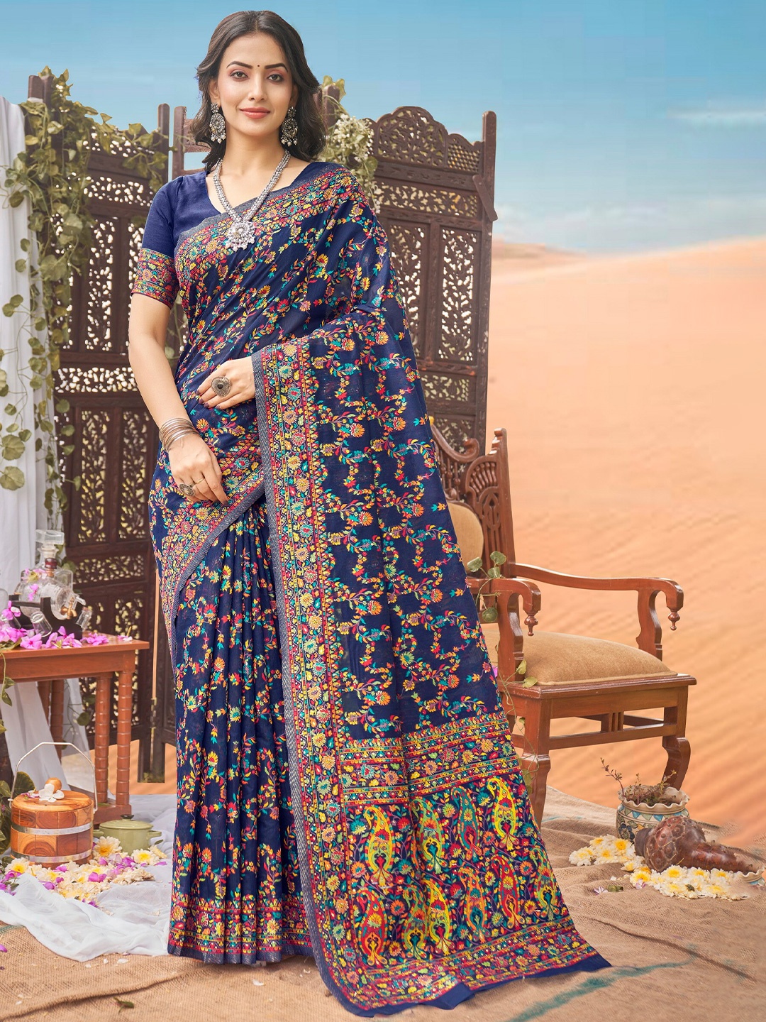 

SARIYA Ethnic Motifs Pashmina Banarasi Saree, Navy blue