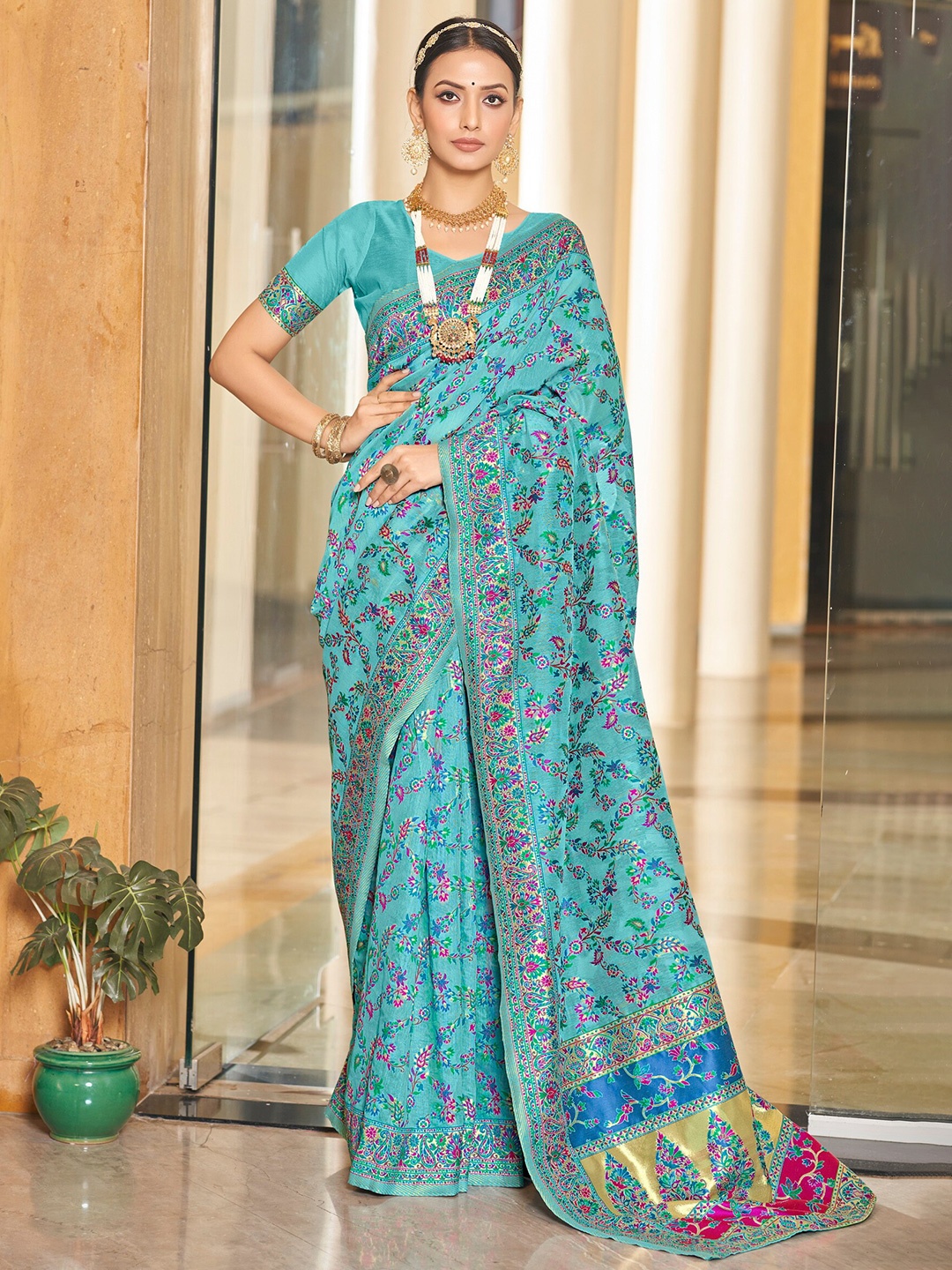 

SARIYA Woven Design Zari Pashmina Banarasi Saree, Turquoise blue