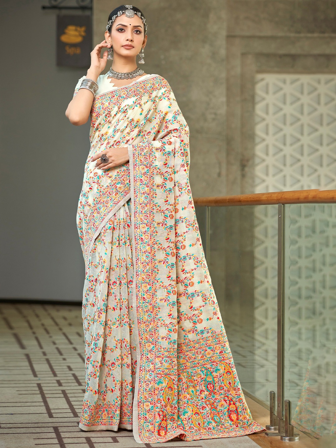 

SARIYA Woven Design Zari Pashmina Banarasi Saree, White