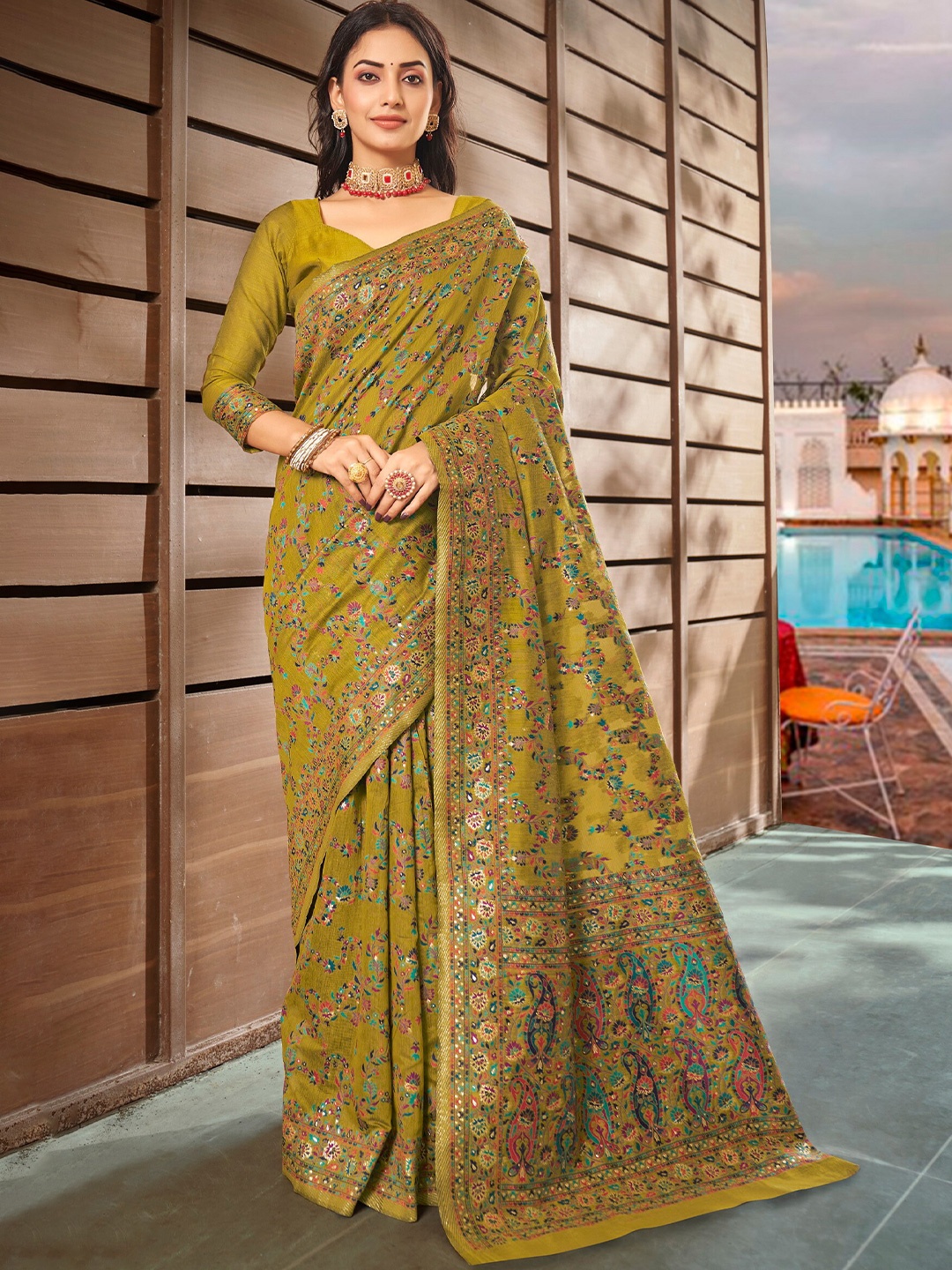 

SARIYA Woven Design Zari Pashmina Banarasi Saree, Green