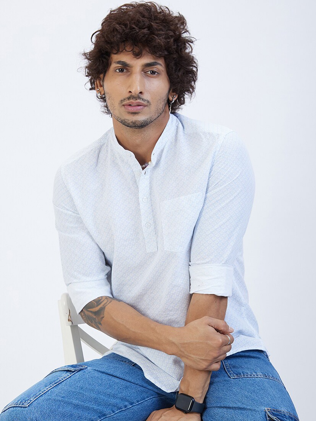 

VASTRADO Geometric Mandarin Collar Kurta, White