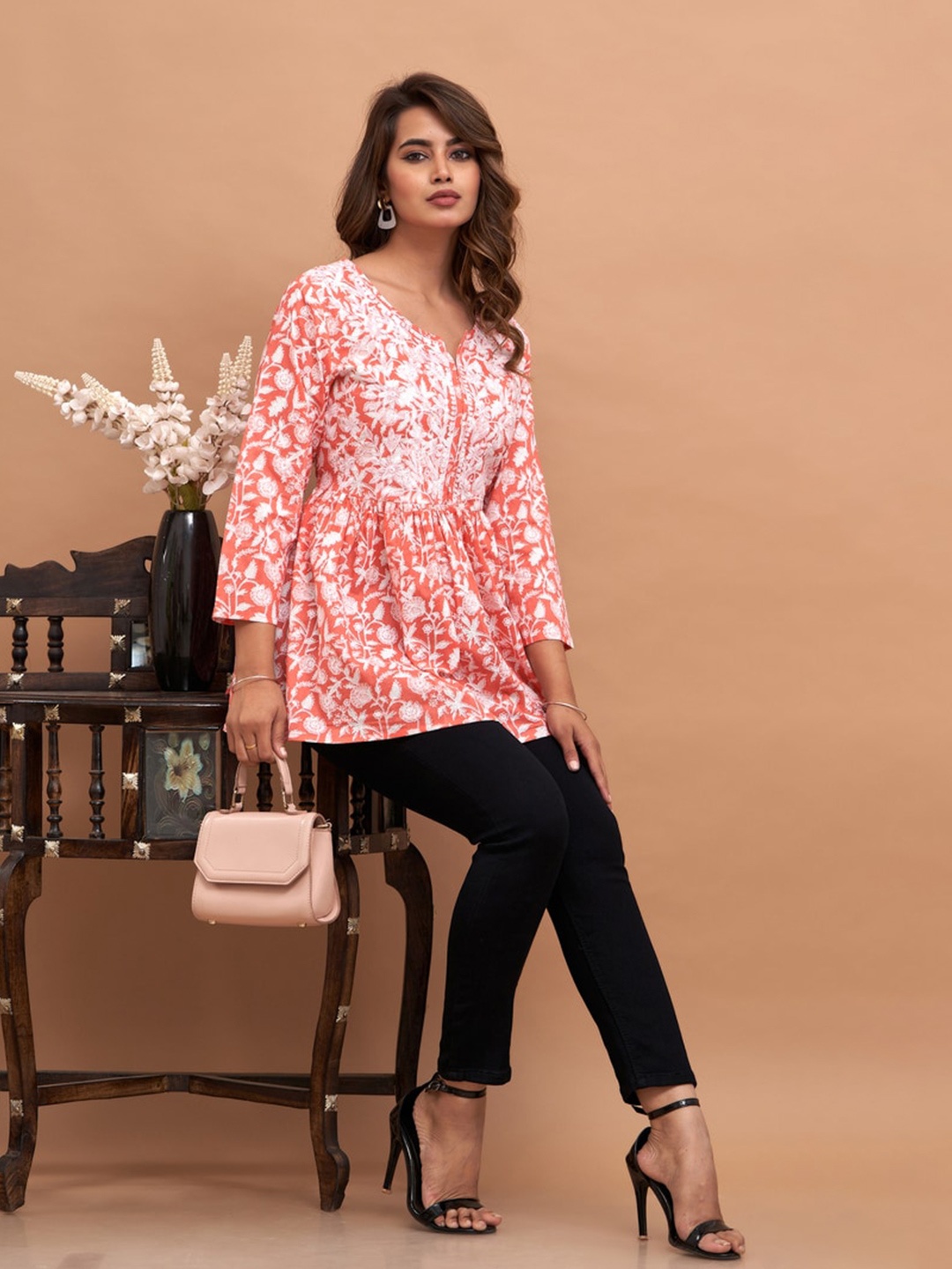 

D K W Floral Printed Peplum Cotton Top, Peach