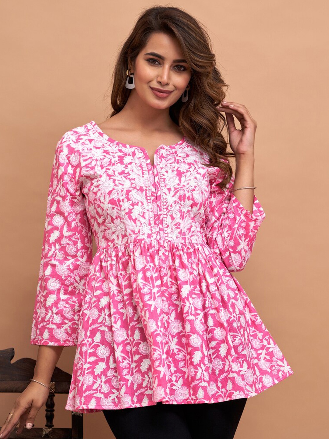 

D K W Round Neck Floral Print Cotton Peplum Top, Pink