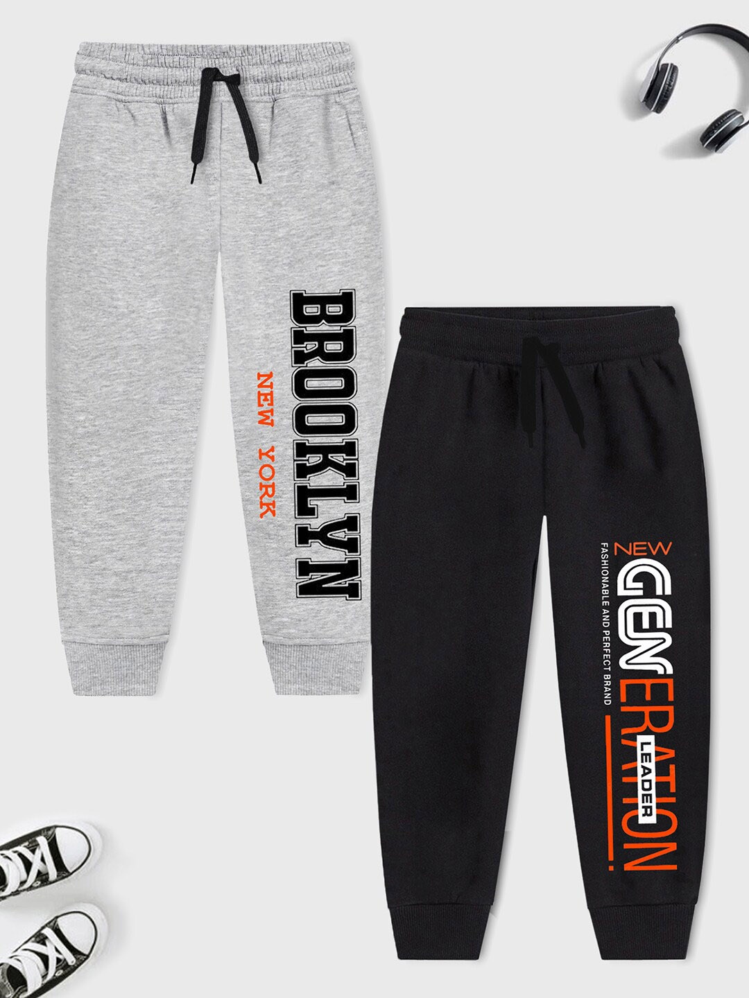 

HERE&NOW Boys Pack Of 2 Printed Cotton Joggers, Black