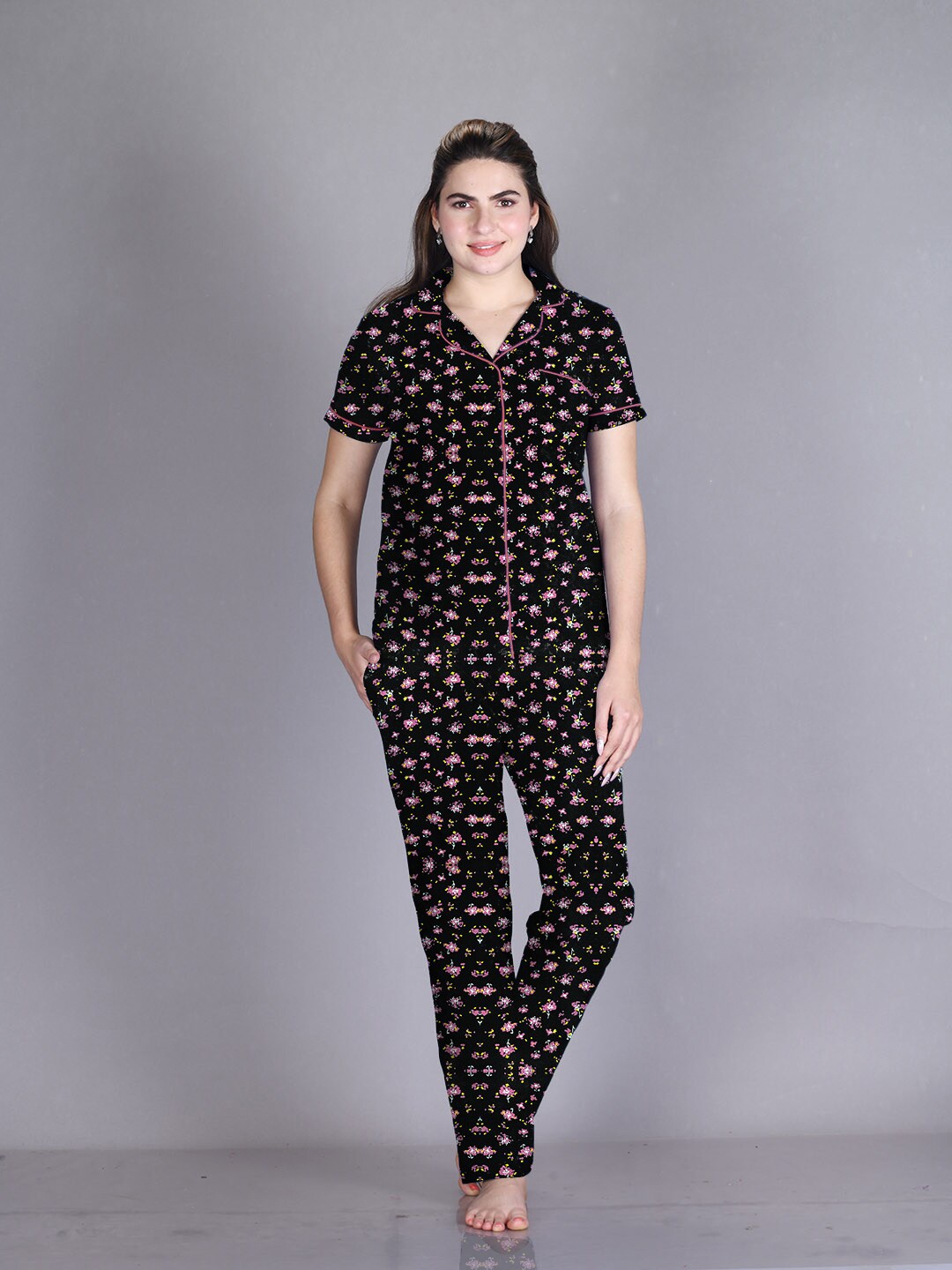 

LYRA Printed Pure Cotton Night Suit, Black
