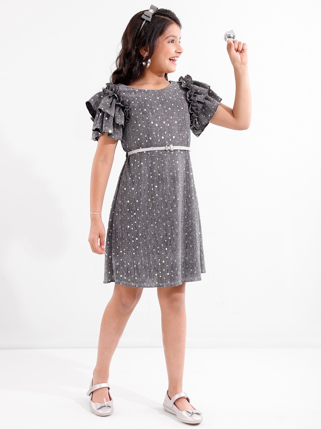

Hola Bonita Girls Round Neck Print Flutter Sleeve A-Line Dress, Silver