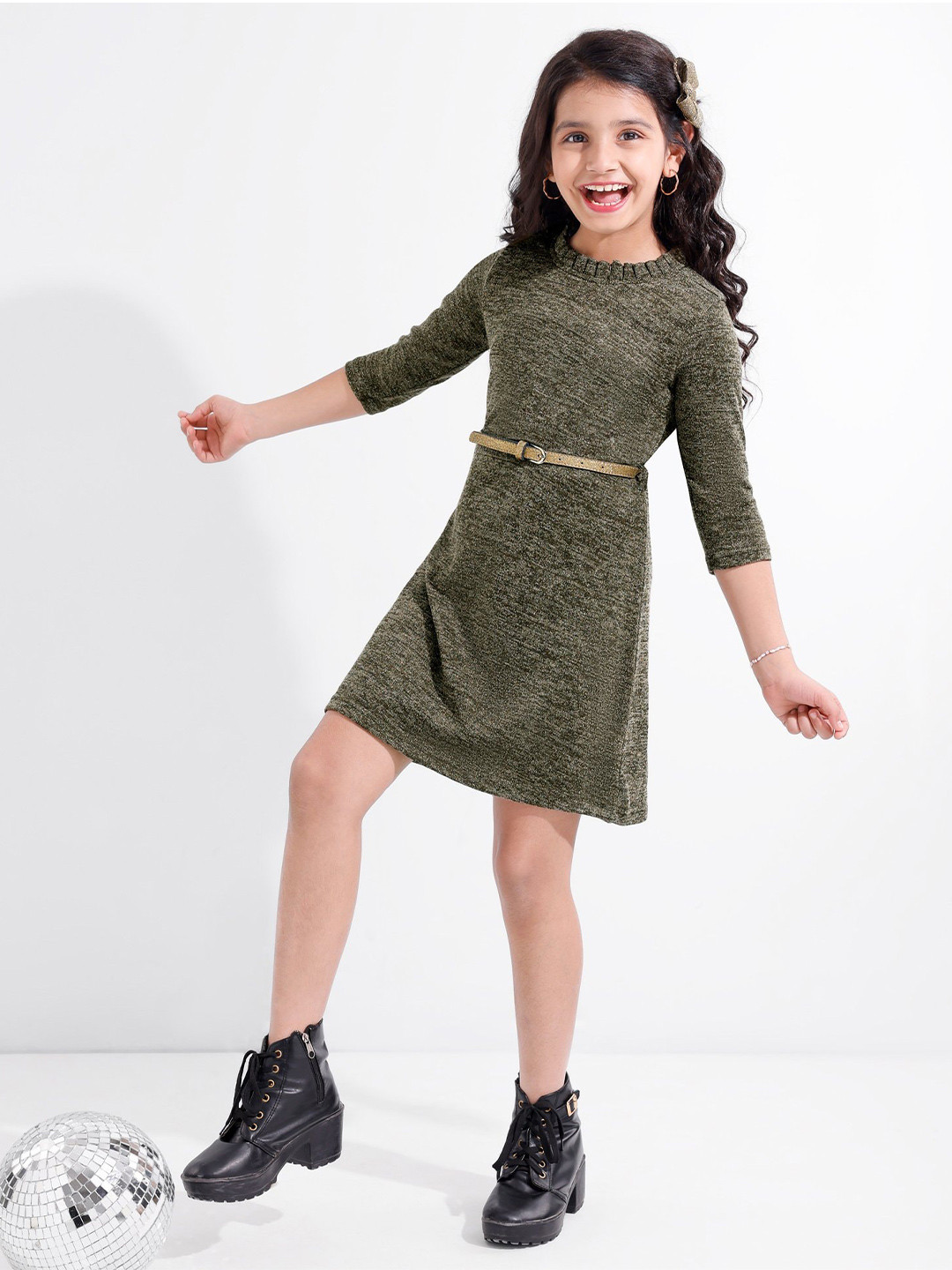 

Hola Bonita Girls Round Neck A-Line Dress, Olive