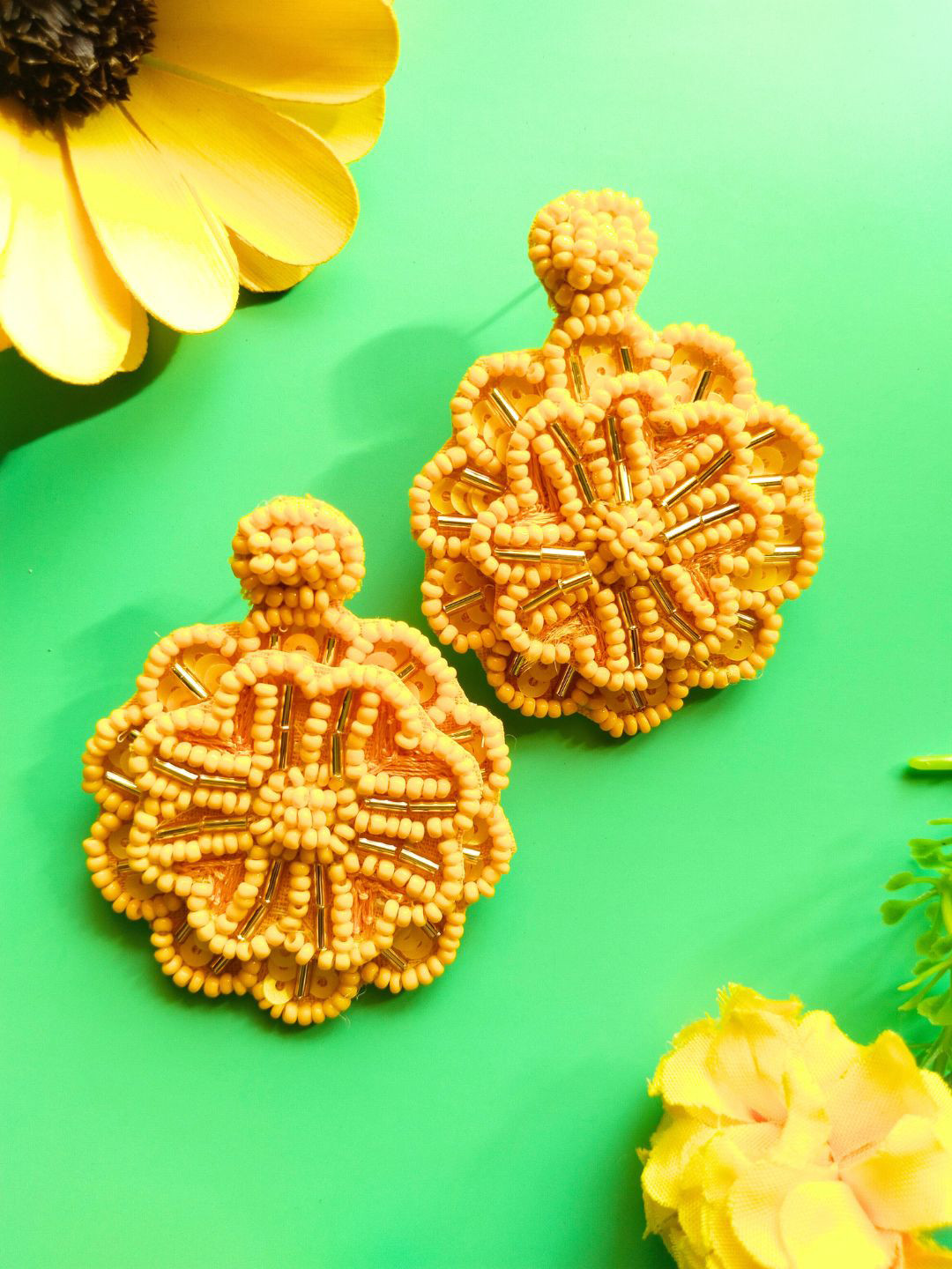 

DressBerry Yellow Floral Beaded Drop Earrings
