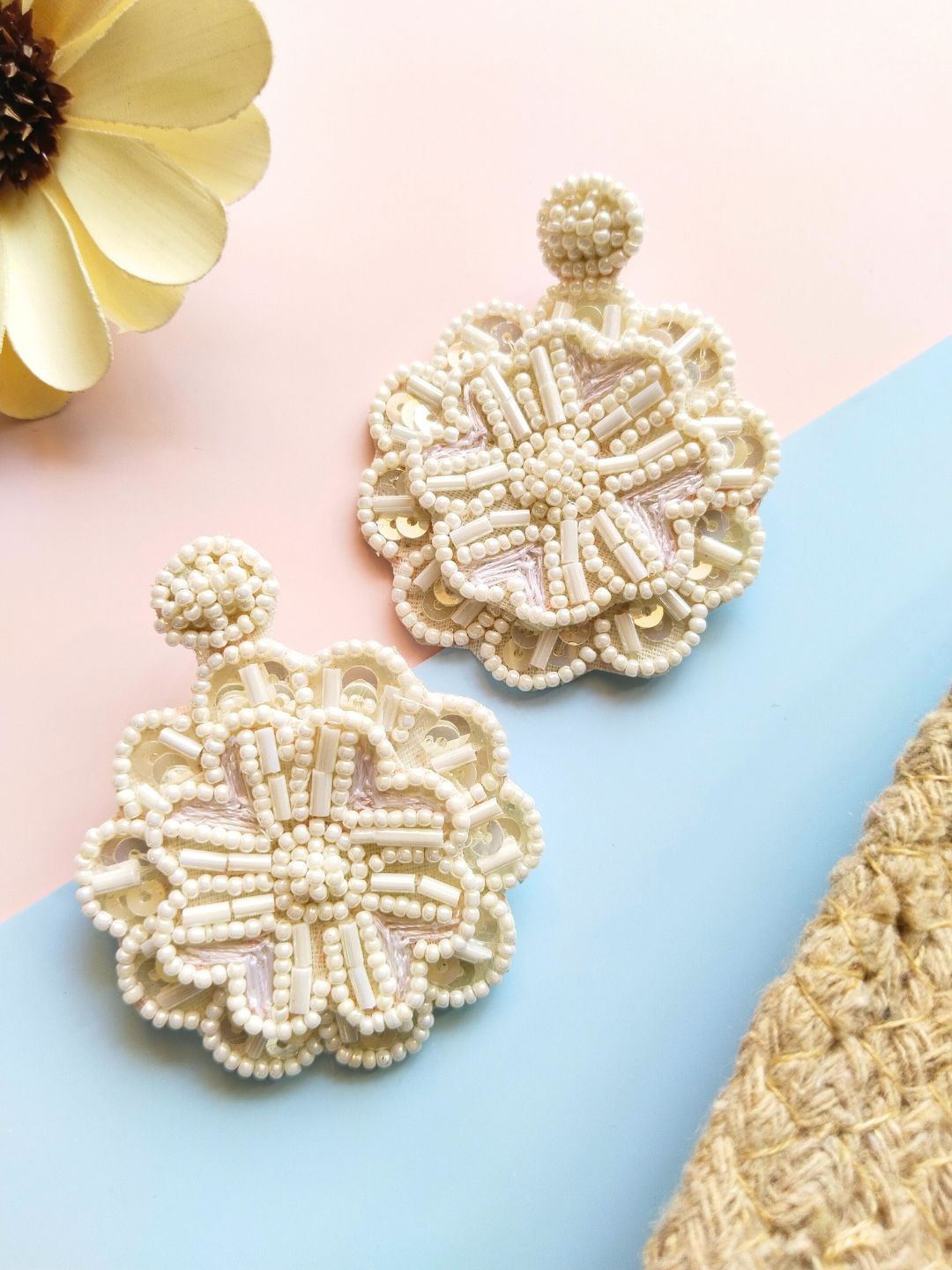 

DressBerry White Floral Beaded Drop Earrings