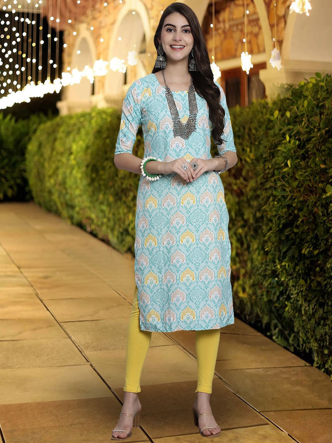 

7Threads Floral Printed Straight Kurta, Blue