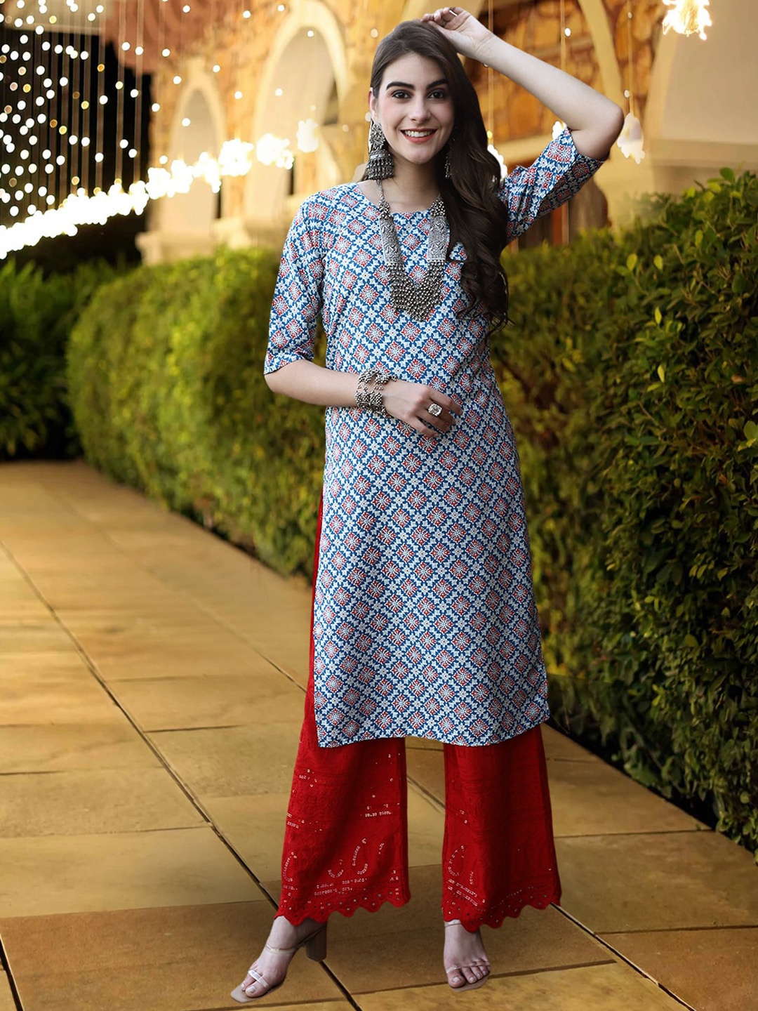 

7Threads Ethnic Motifs Printed Straight Kurta, Blue