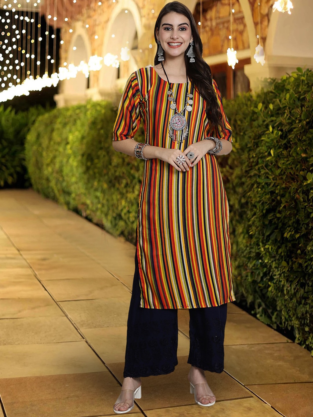 

7Threads Striped Straight Crepe Kurta, Yellow