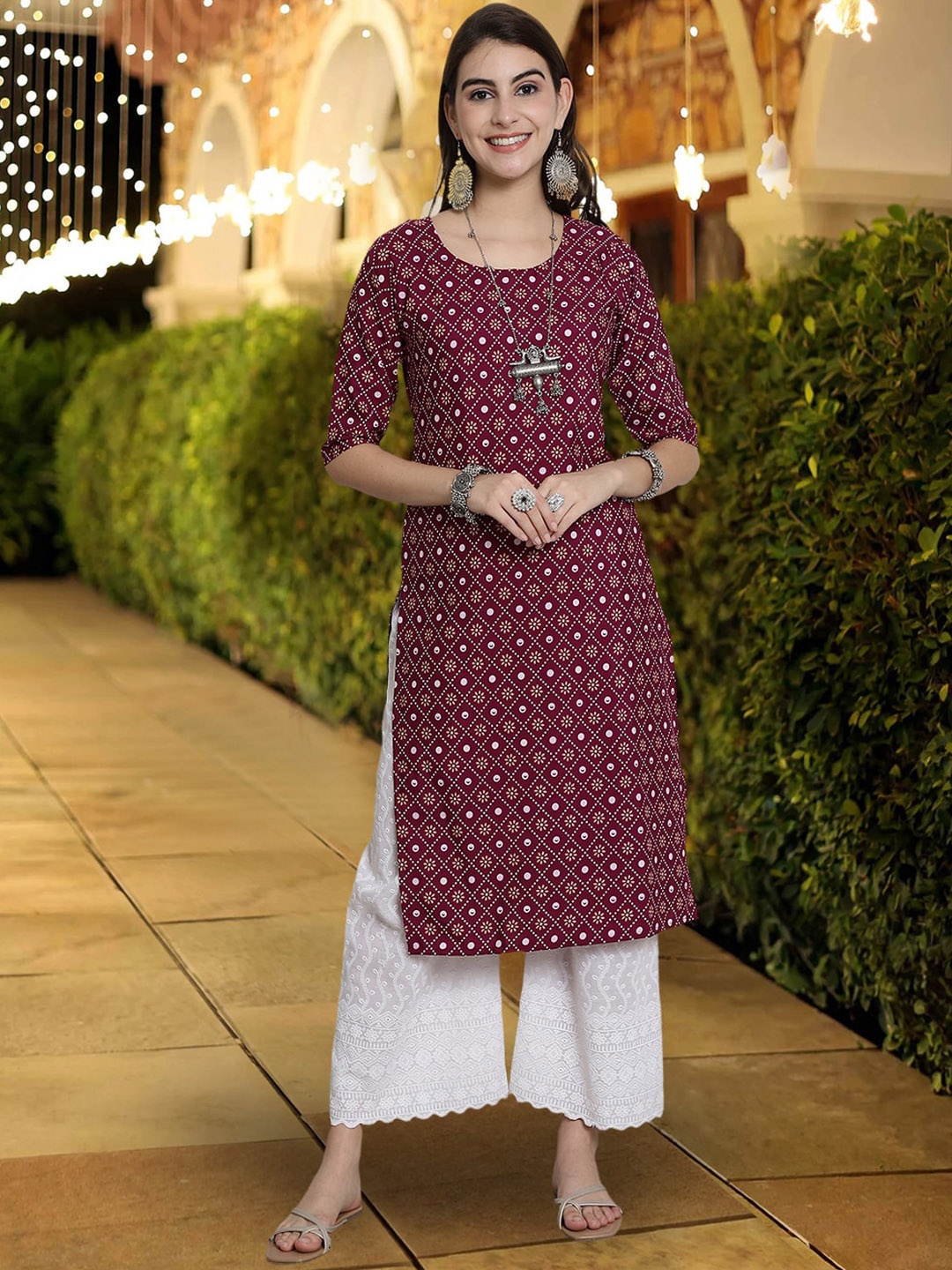 

7Threads Floral Printed Straight Kurta, Purple