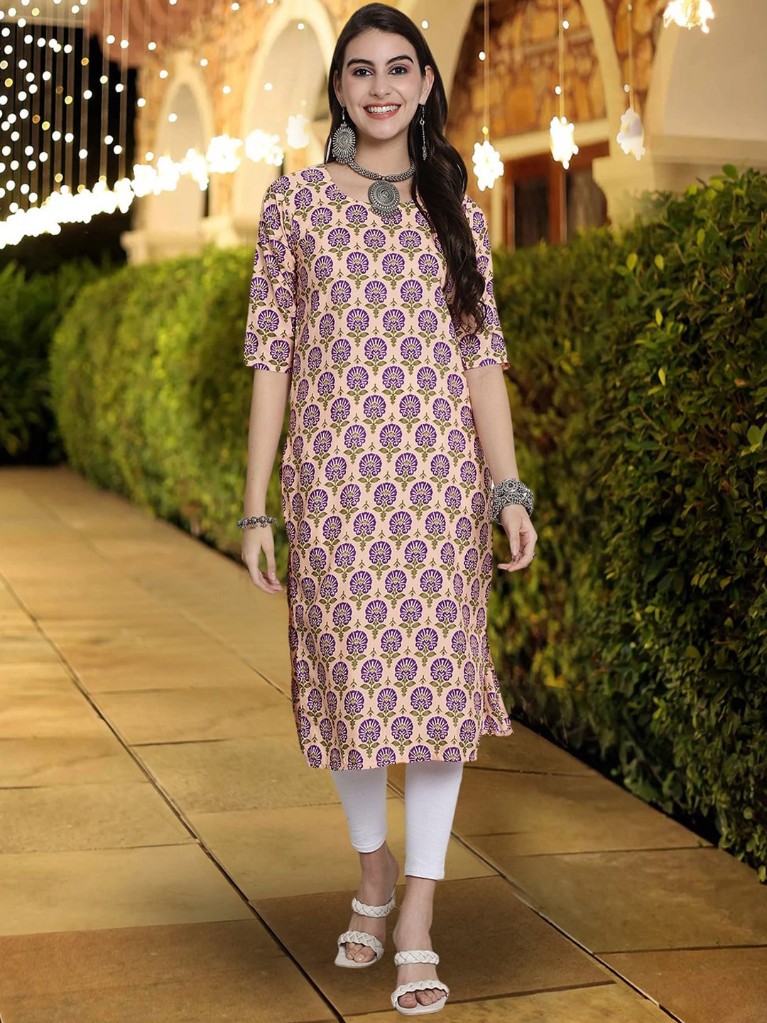 

7Threads Floral Printed Straight Crepe Kurta, Beige