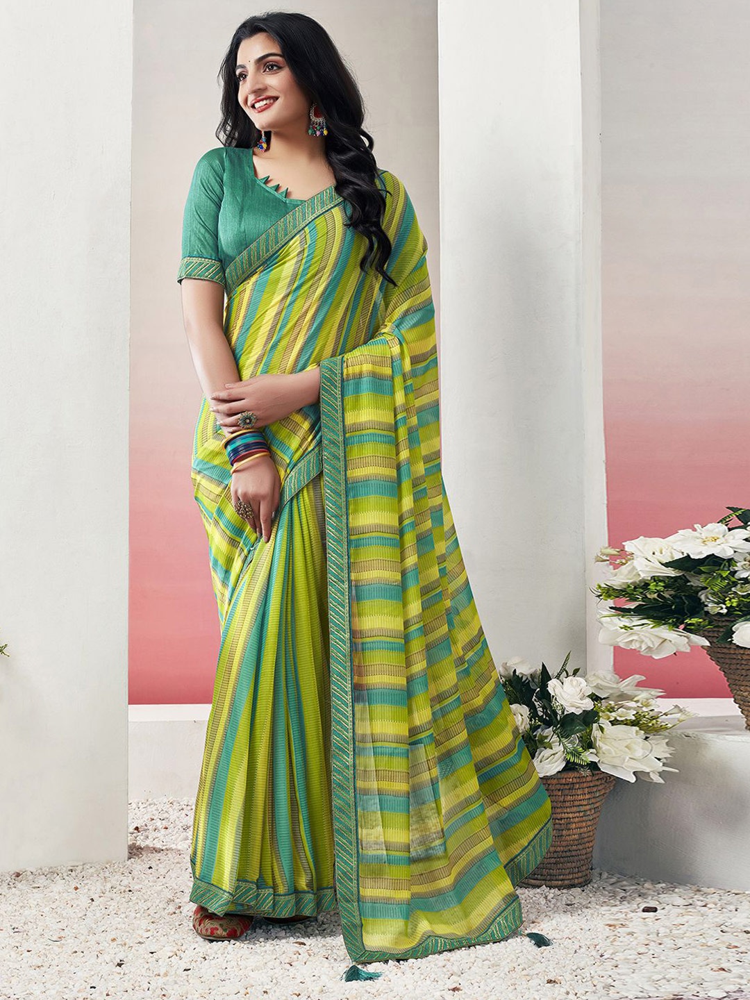 

KALINI Striped Gotta Patti Poly Chiffon Leheriya Saree, Green