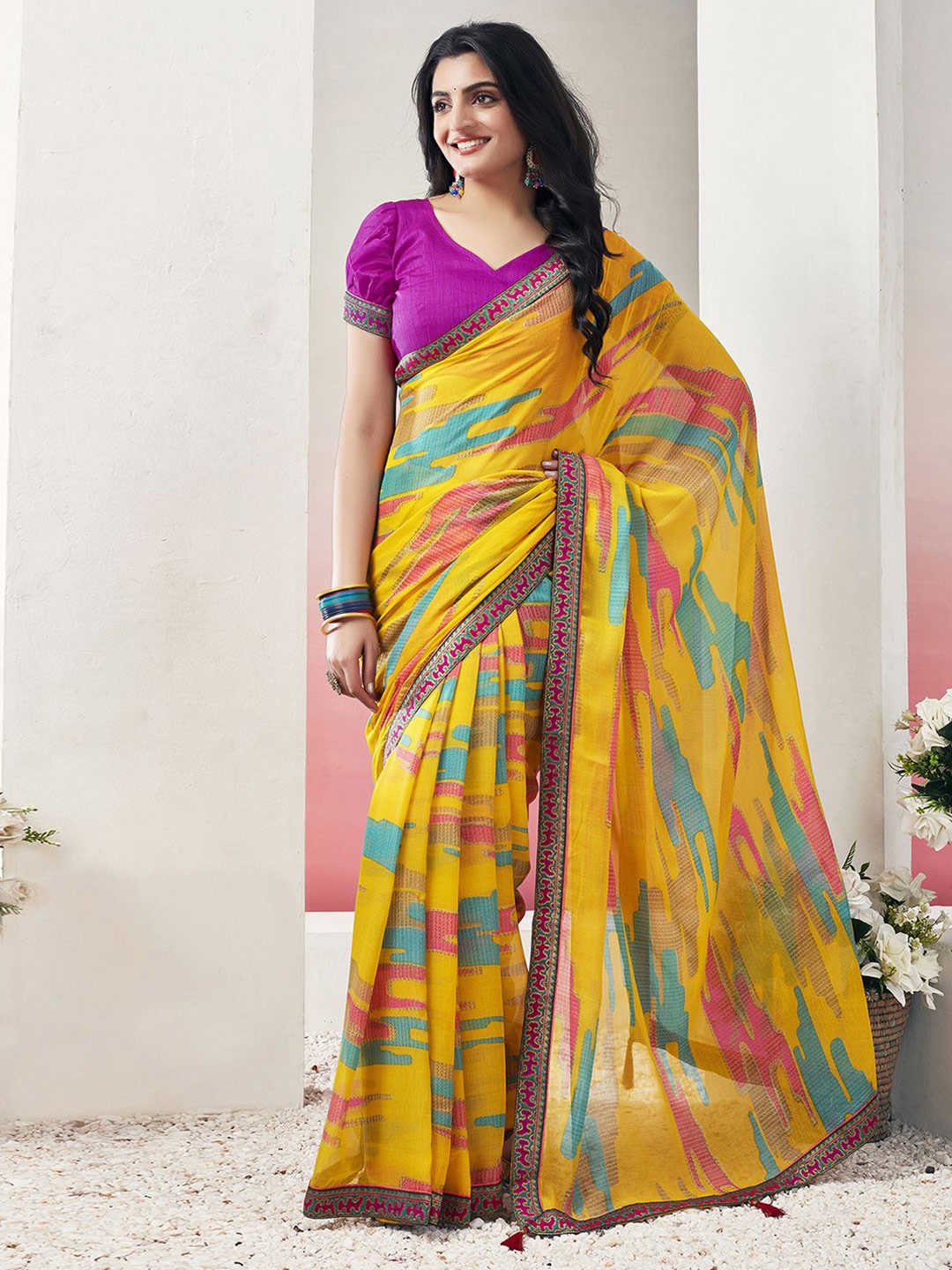 

KALINI Gotta Patti Poly Chiffon Muga Saree, Yellow