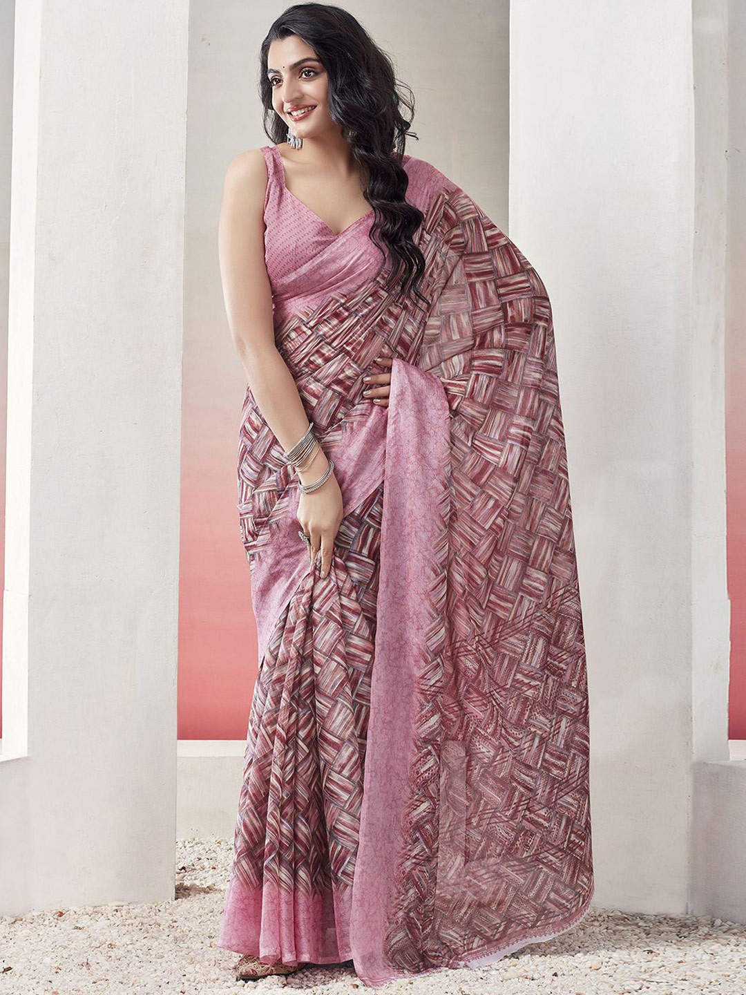 

KALINI Poly Chiffon Sungudi Saree, Peach