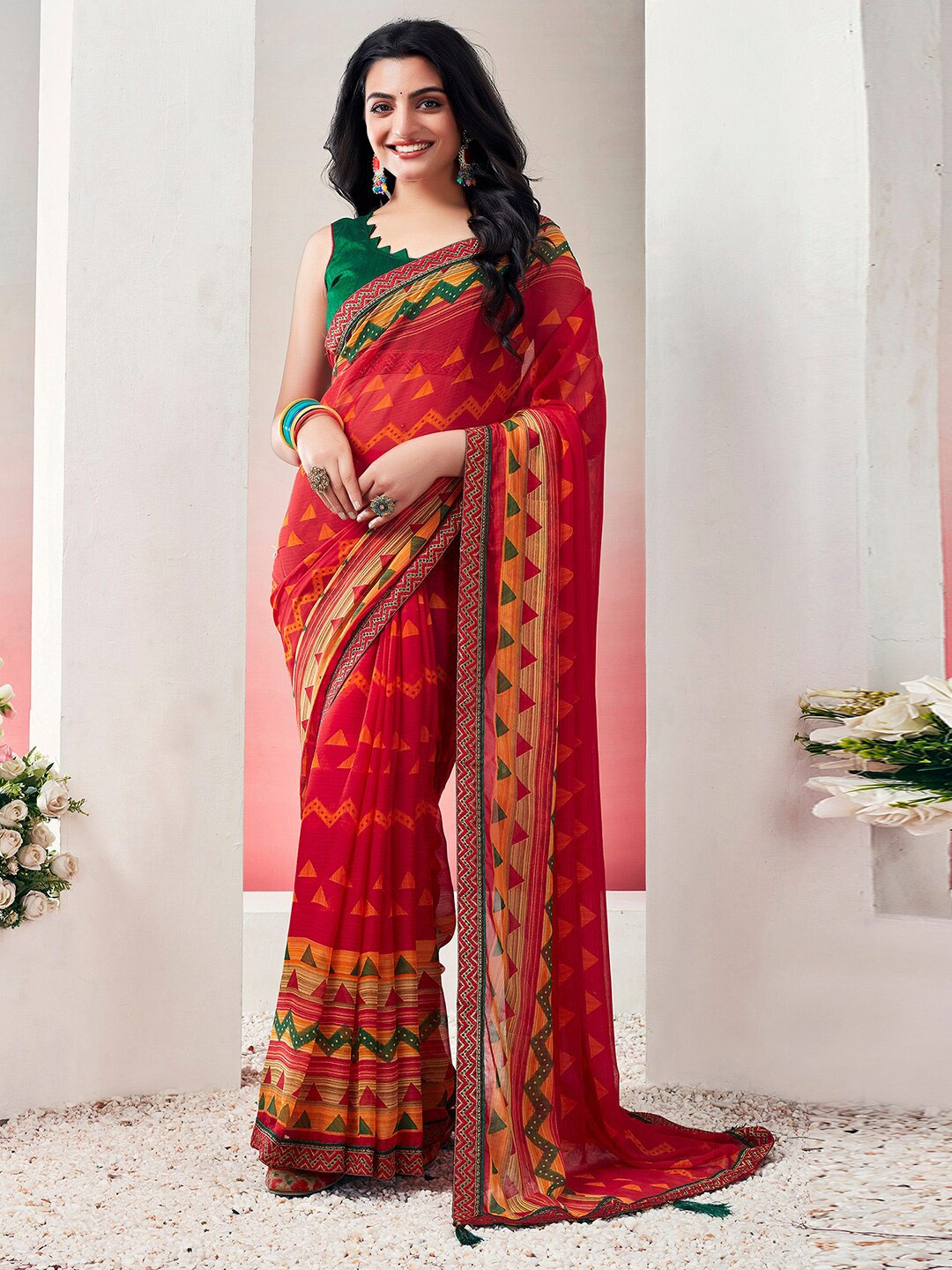 

KALINI Poly Chiffon Muga Saree, Red
