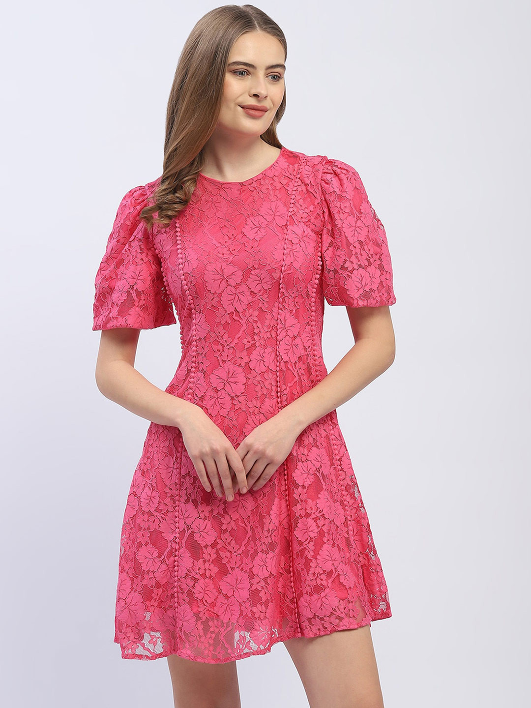 

Madame Self Design Round Neck Puff Sleeve Fit & Flare Dress, Pink