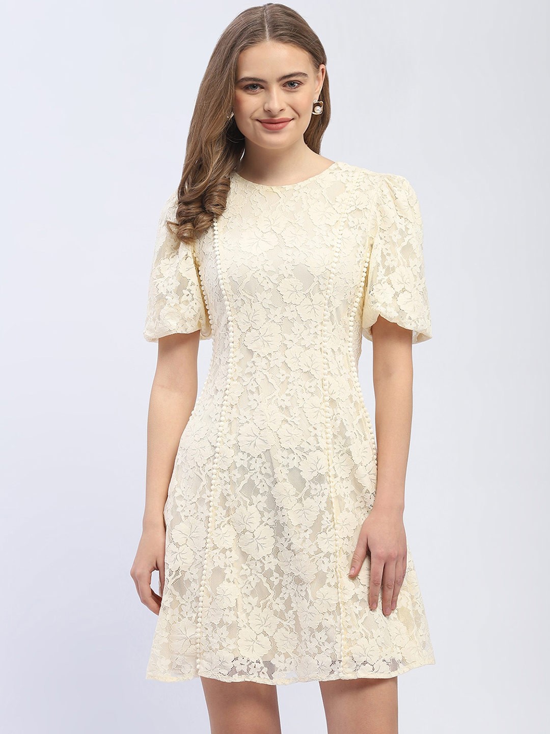 

Madame Self Design Flared Sleeves A-Line Dress, Off white
