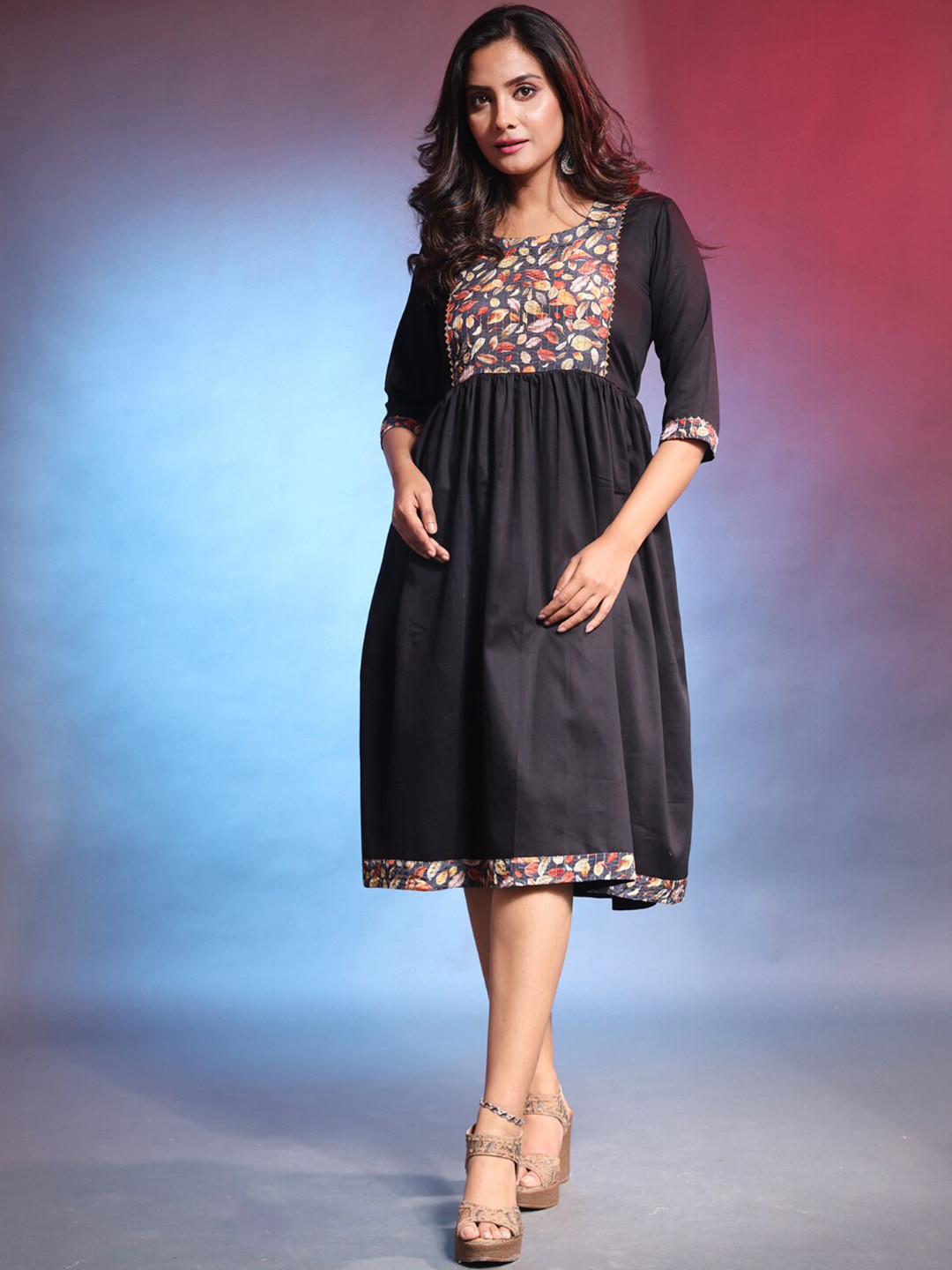 

Charukriti Floral Printed Cotton Fit and Flare Ethnic Dress, Black