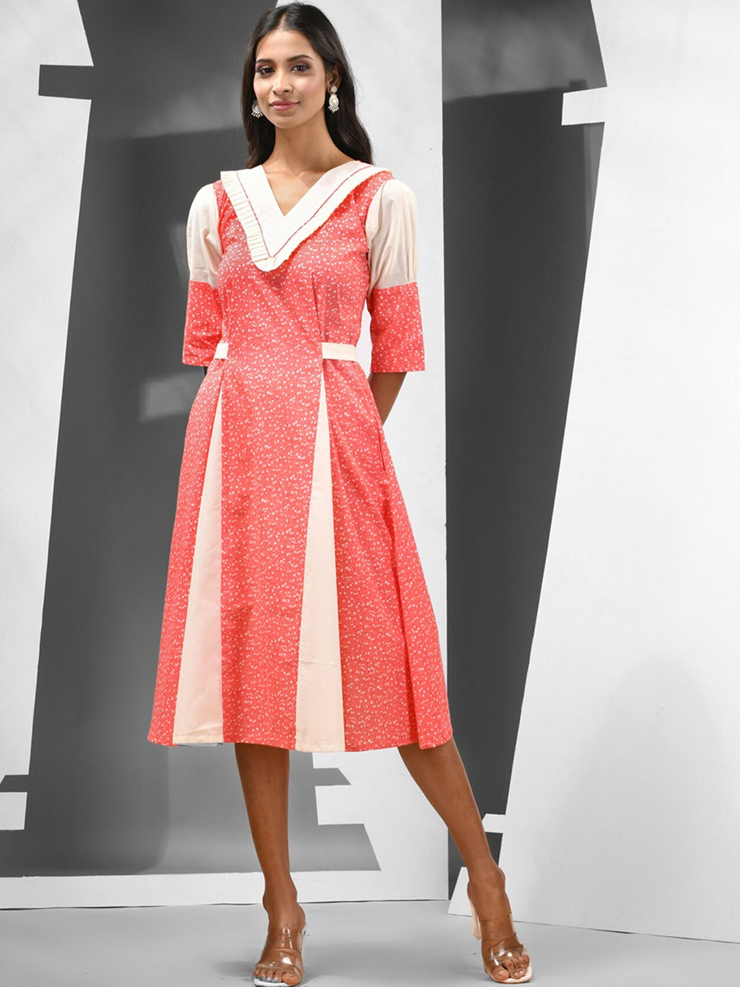 

Charukriti Striped Cotton A-Line Midi Dress, Pink