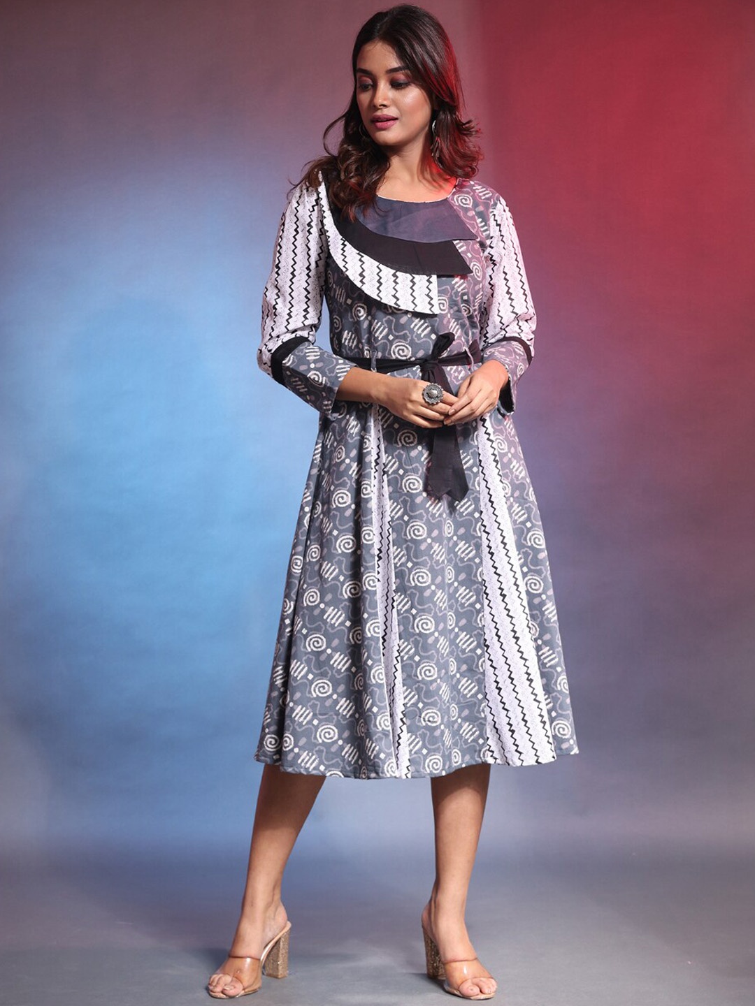 

Charukriti Printed Cotton A Line Dress, Grey
