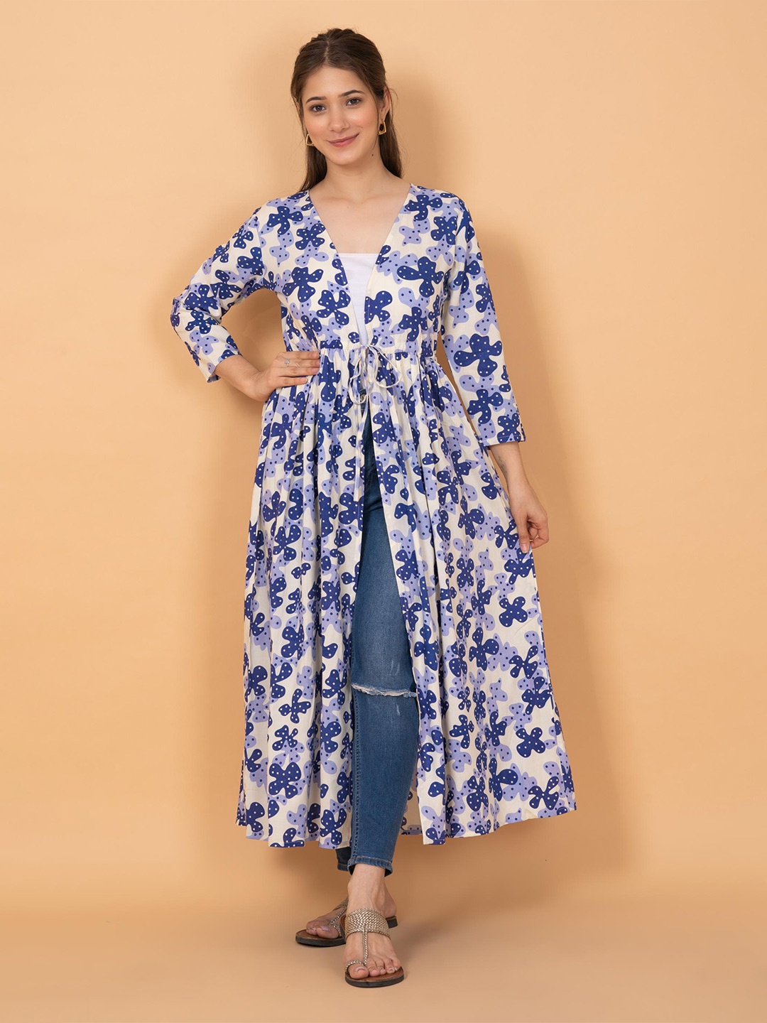 

DAEVISH Women Printed Longline Shrug, Blue
