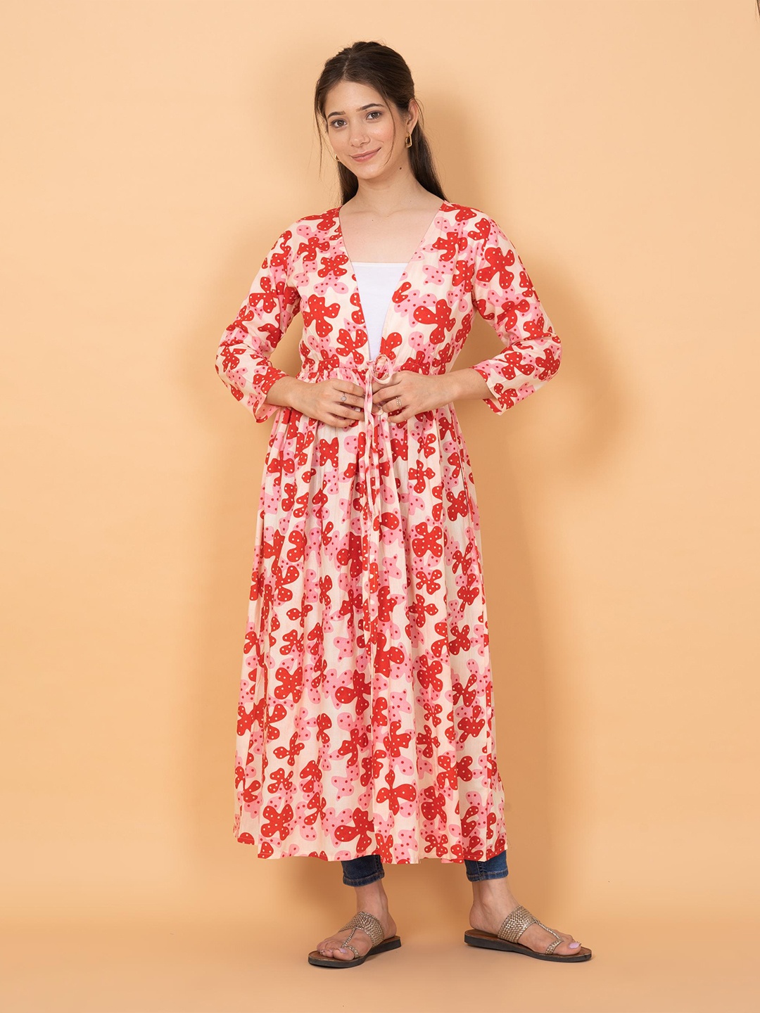 

DAEVISH Women Printed Longline Shrug, Red