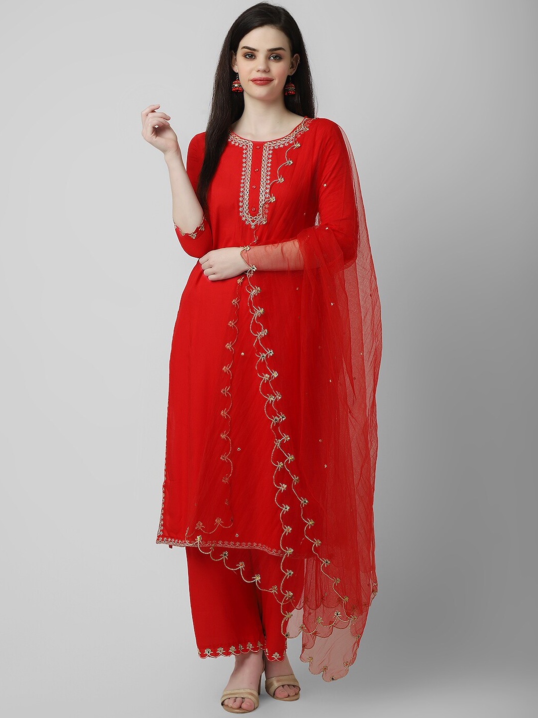 

Oash Women Regular Thread Work Kurta with Palazzos & With Dupatta, Red